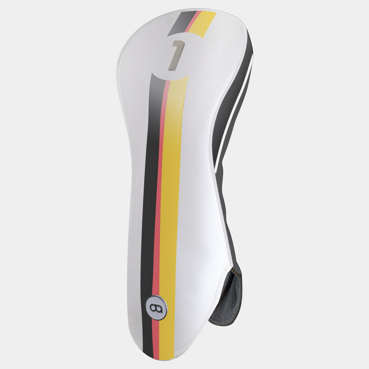 A white Germany-style golf club headcover with a vertical stripe design in black, red, and gold, featuring a chrome number 1 on the upper portion and a circular David Alexander Golf logo near the bottom.