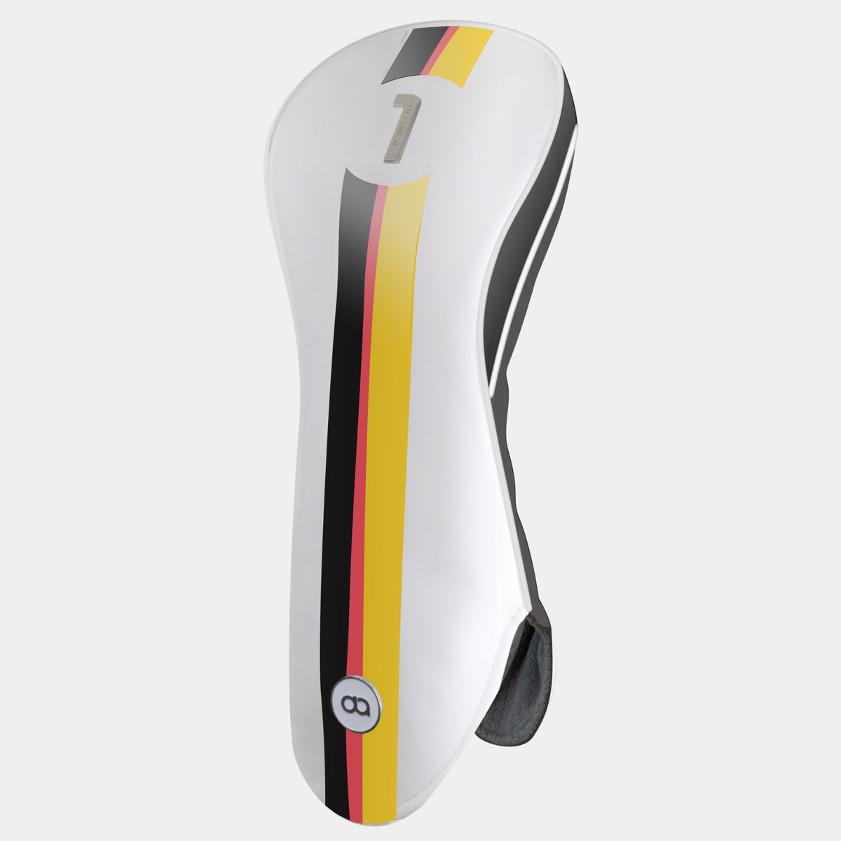 A white Germany-style golf club headcover with a vertical stripe design in black, red, and gold, featuring a chrome number 1 on the upper portion and a circular David Alexander Golf logo near the bottom.