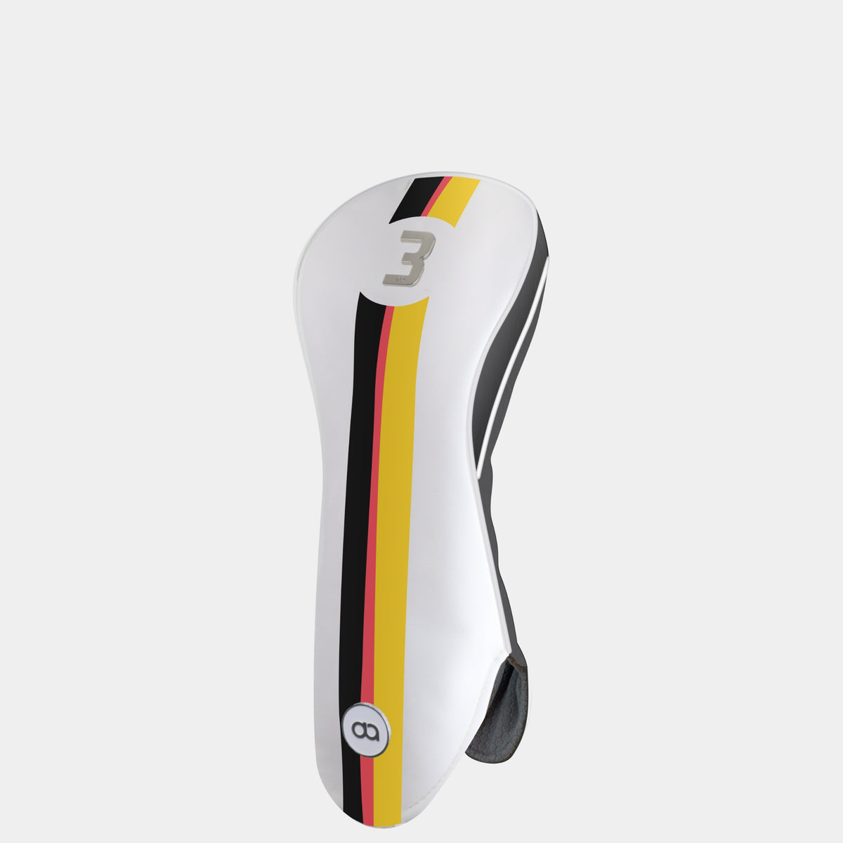 A white Germany-style golf club headcover with a vertical stripe design in black, red, and gold, featuring a chrome number 1 on the upper portion and a circular David Alexander Golf logo near the bottom.