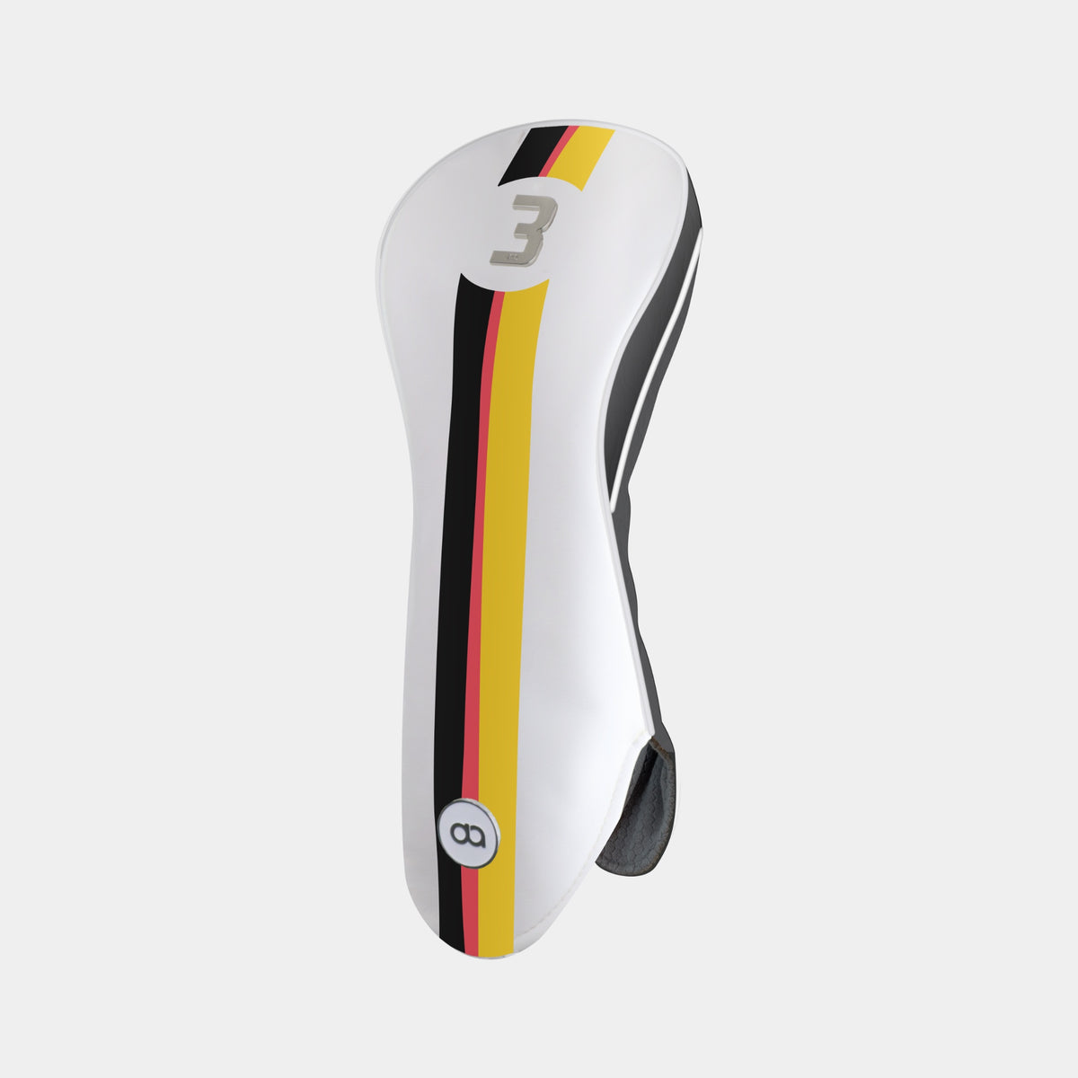 A white Germany-style golf club headcover with a vertical stripe design in black, red, and gold, featuring a chrome number 1 on the upper portion and a circular David Alexander Golf logo near the bottom.
