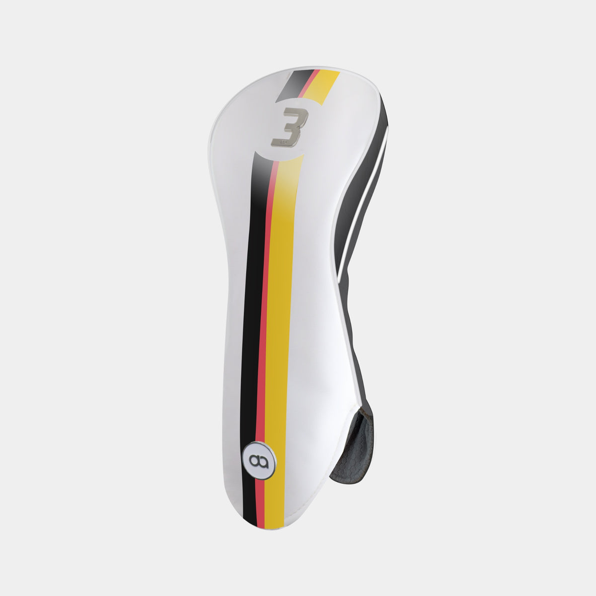 A white Germany-style golf club headcover with a vertical stripe design in black, red, and gold, featuring a chrome number 1 on the upper portion and a circular David Alexander Golf logo near the bottom.