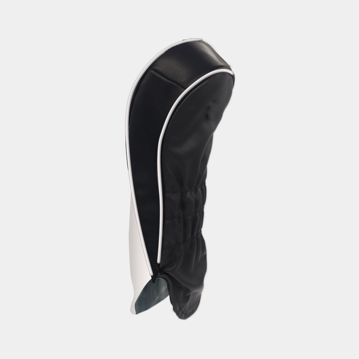 A black golf club headcover with a white side stripe, shown from a side profile view against a light gray background.