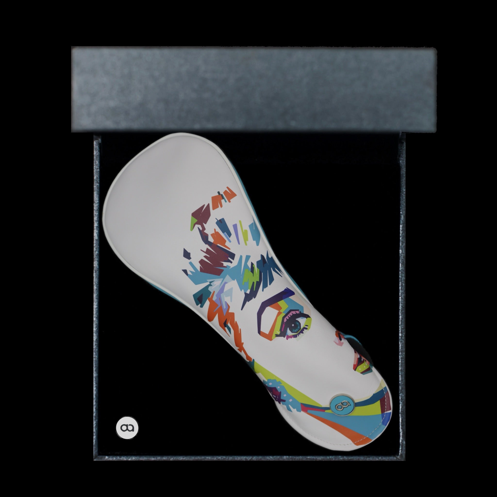 White leather golf club headcover in a black gift box with Audrey Hepburn image