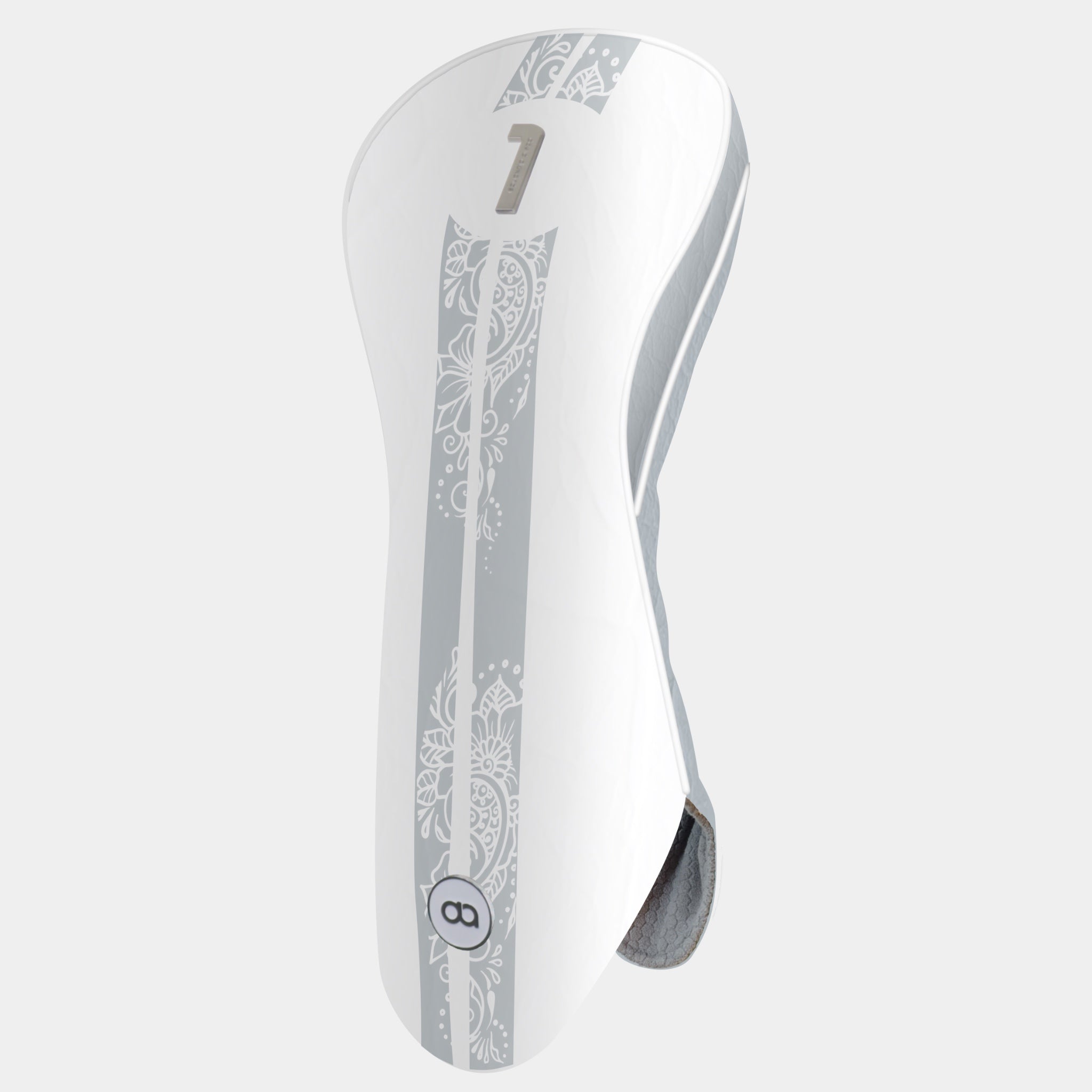 A white golf club headcover with a vertical gray decorative stripe featuring a henna pattern, a metal number 1.