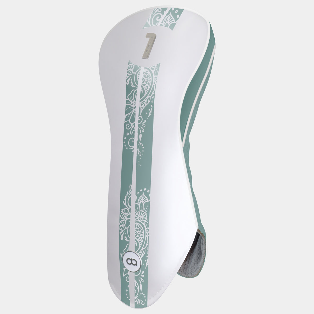 A white golf club headcover with a vertical sage green stripe featuring white floral henna patterns, and a chrome number 1 at the top, The headcover is shown from a side profile view against a light gray background.