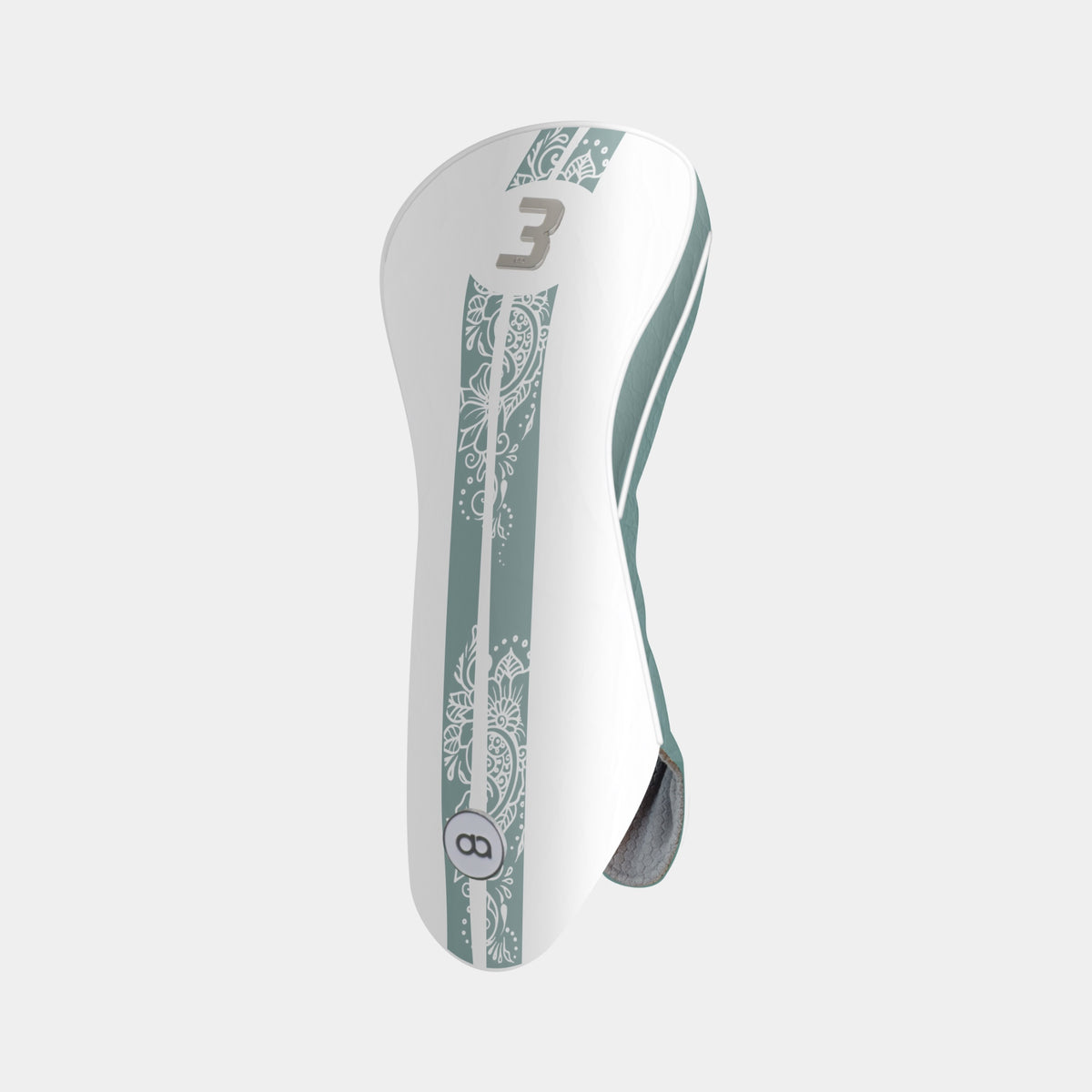 A white and tiel green golf club headcover with a vertical sage green stripe featuring white floral henna patterns, and a chrome number 1 at the top, The headcover is shown from a side profile view against a light gray background.