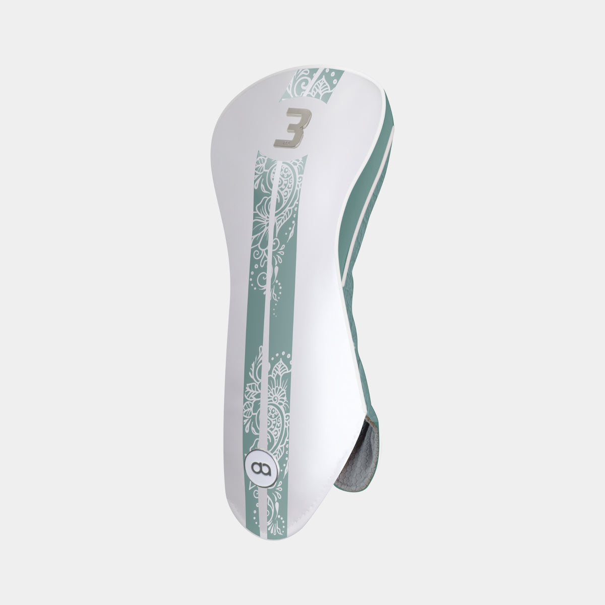A white and tiel green golf club headcover with a vertical sage green stripe featuring white floral henna patterns, and a chrome number 1 at the top, The headcover is shown from a side profile view against a light gray background.