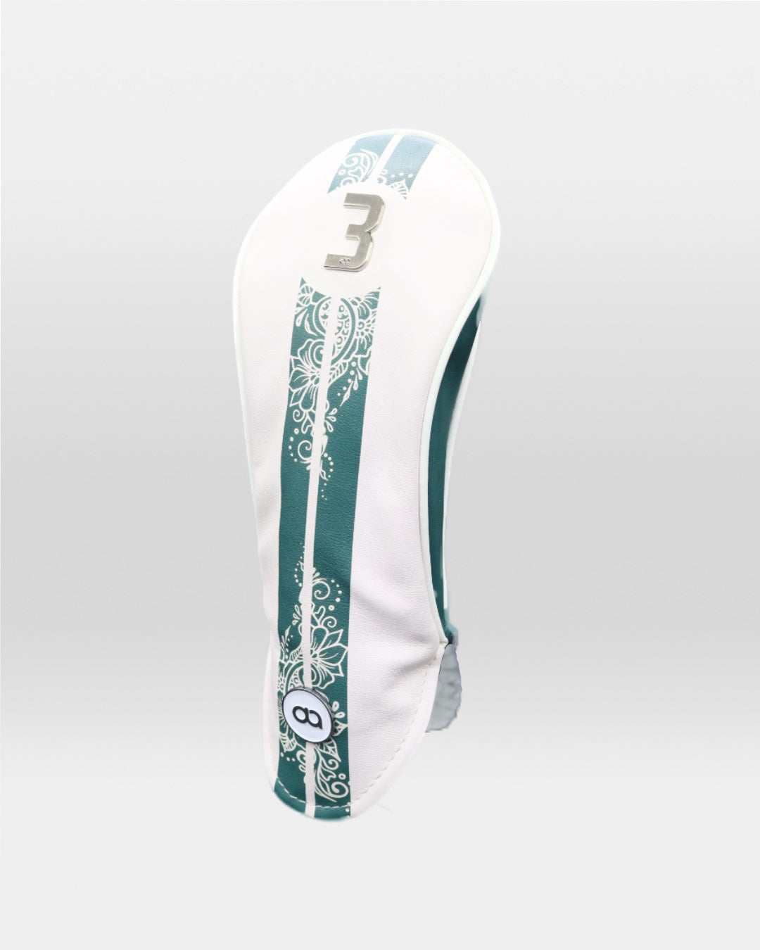 White and teal green henna leather headcover by David Alexander.