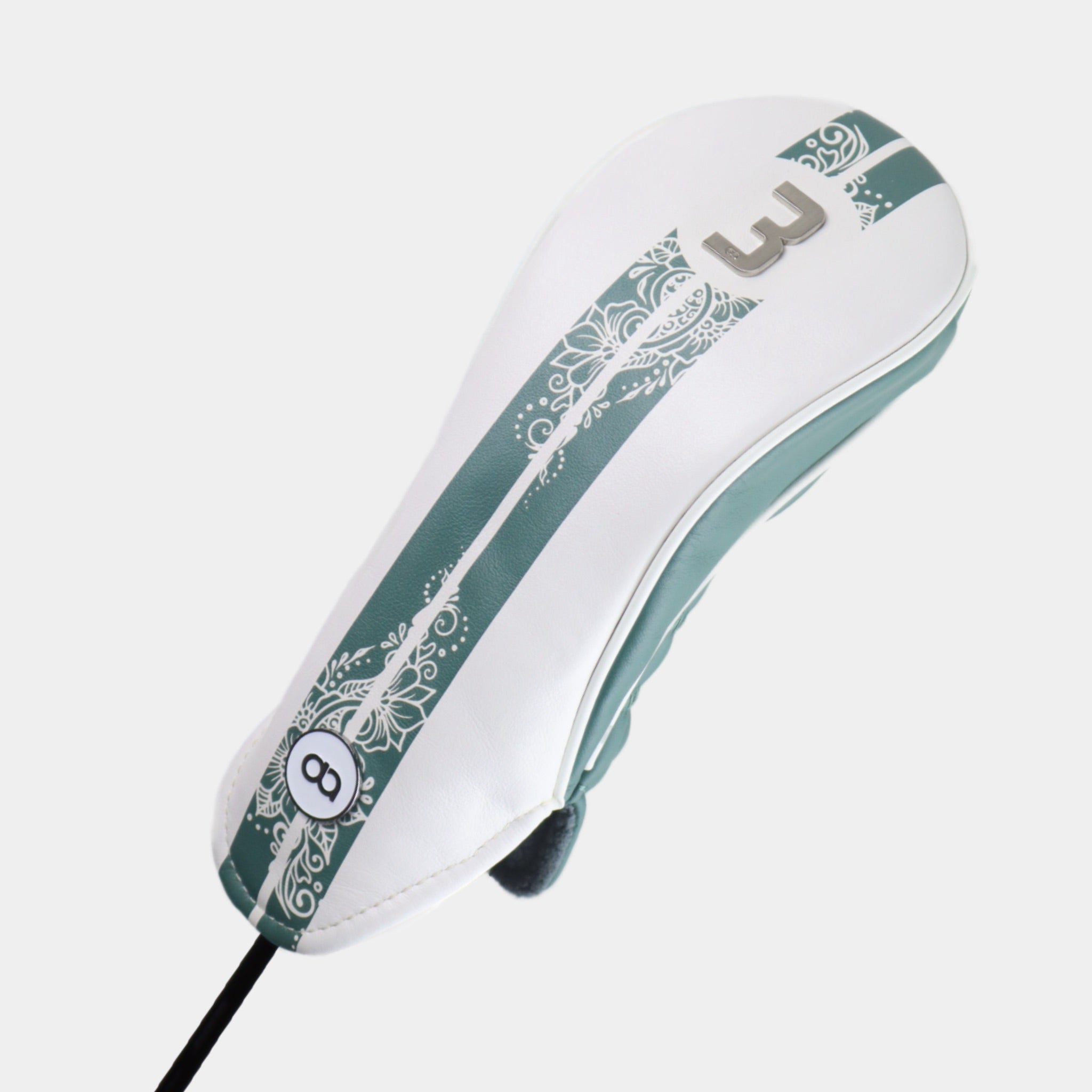 White and teal green fairway leather headcover with henna stripe by David Alexander.