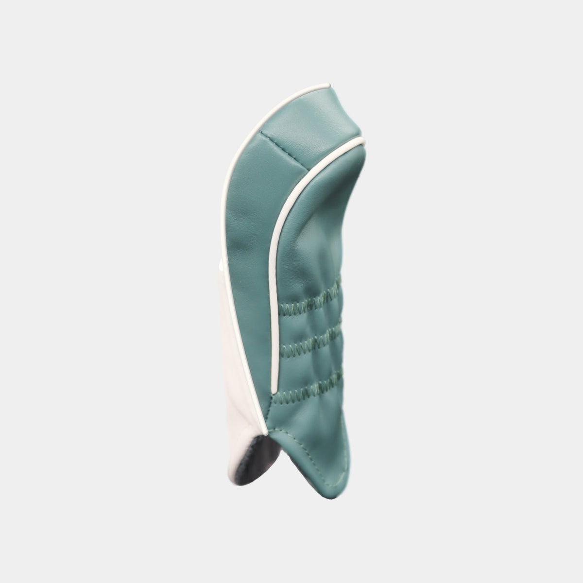 The resevers of a white and tiel green golf club headcover. The headcover is shown from a side profile view against a light gray background.