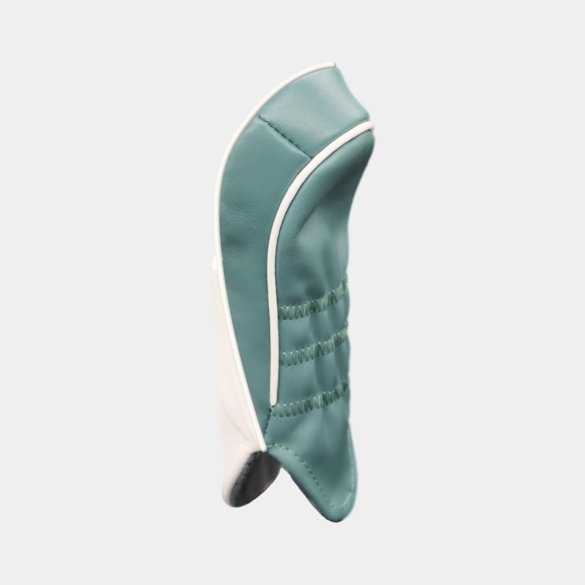 The resevers of a white and tiel green golf club headcover. The headcover is shown from a side profile view against a light gray background.