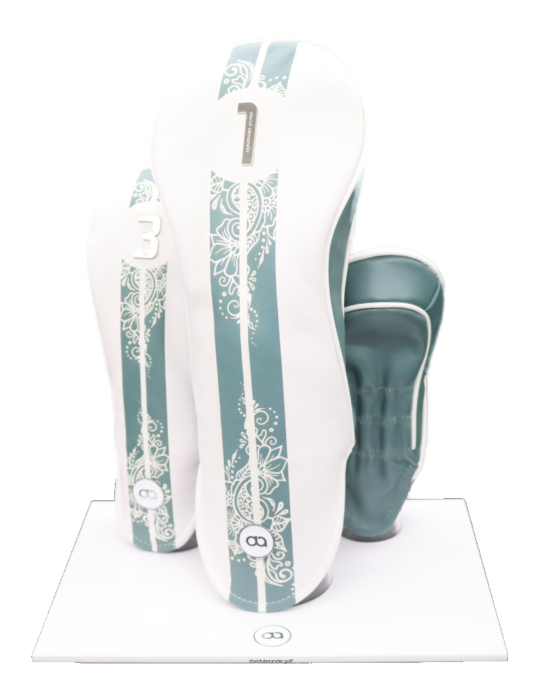 White and teal green leather headcover set with chrome numbers and henna stripe design by David Alexander.