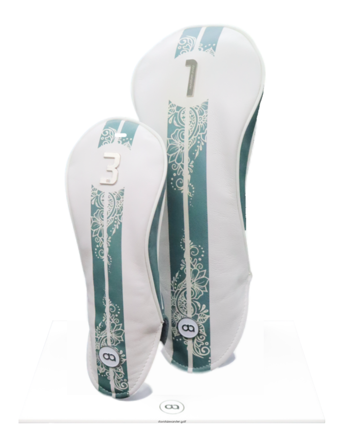 White and teal green leather fairway head cover with Henna design and chrome number.