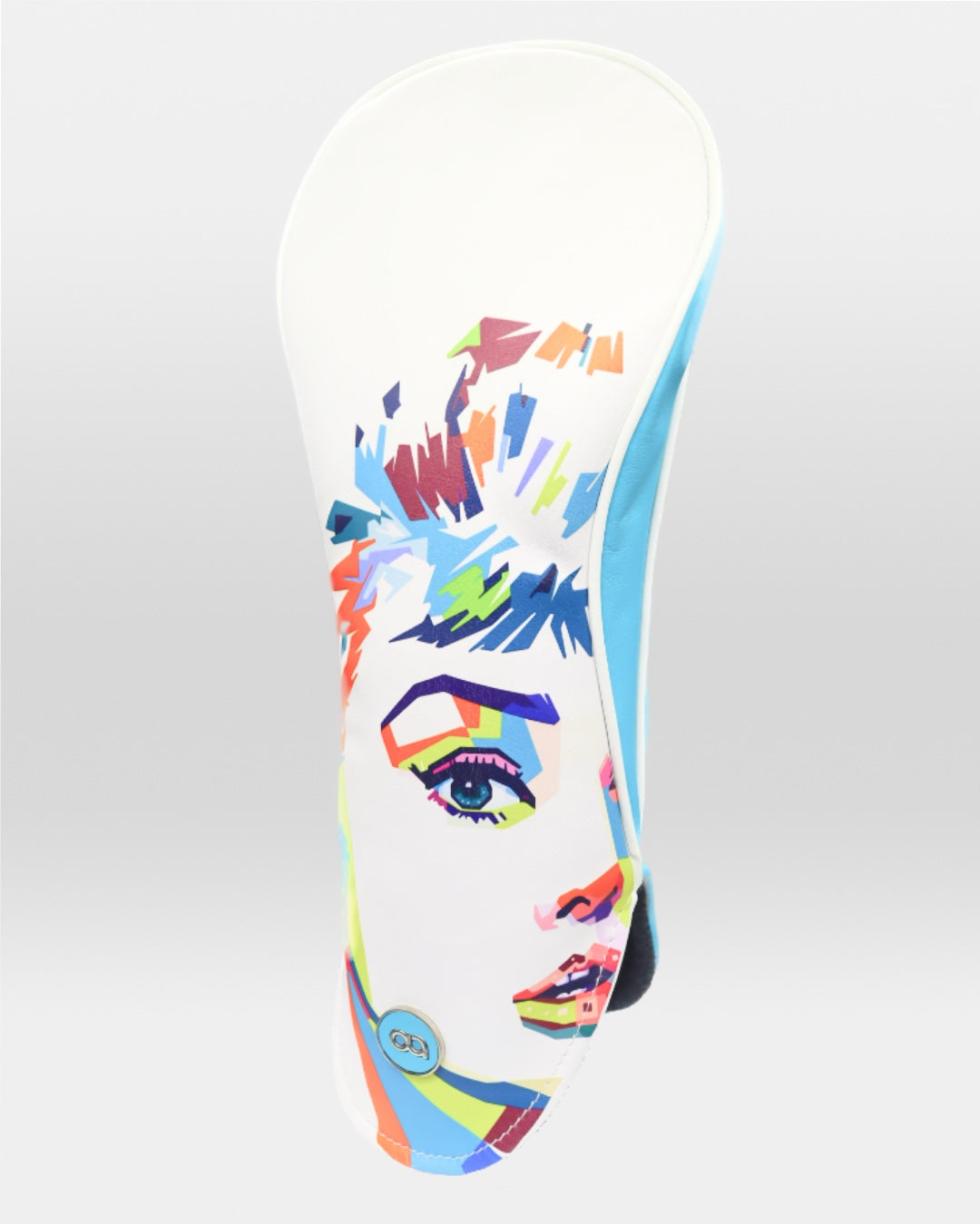 White and aqua blue leather driver golf club replacement headcover. Golf gift for women. Designer golf accessory. Waterproof. Digital print. Audrey Hepburn.