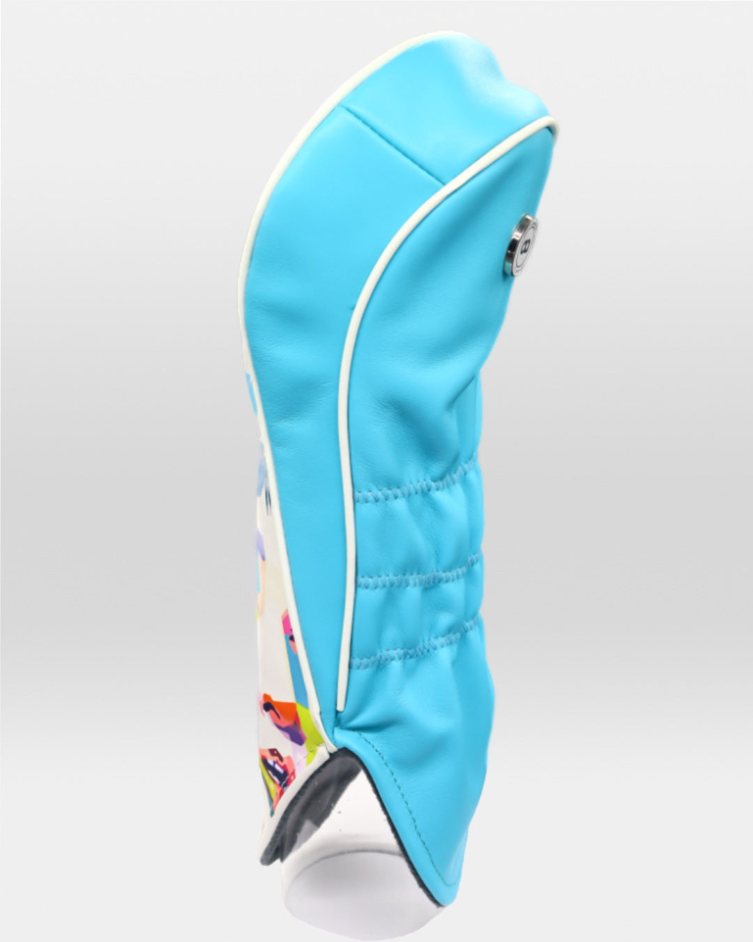 White and aqua blue leather driver golf club replacement headcover. Golf gift for women. Designer golf accessory. Waterproof. Digital print. Audrey Hepburn.