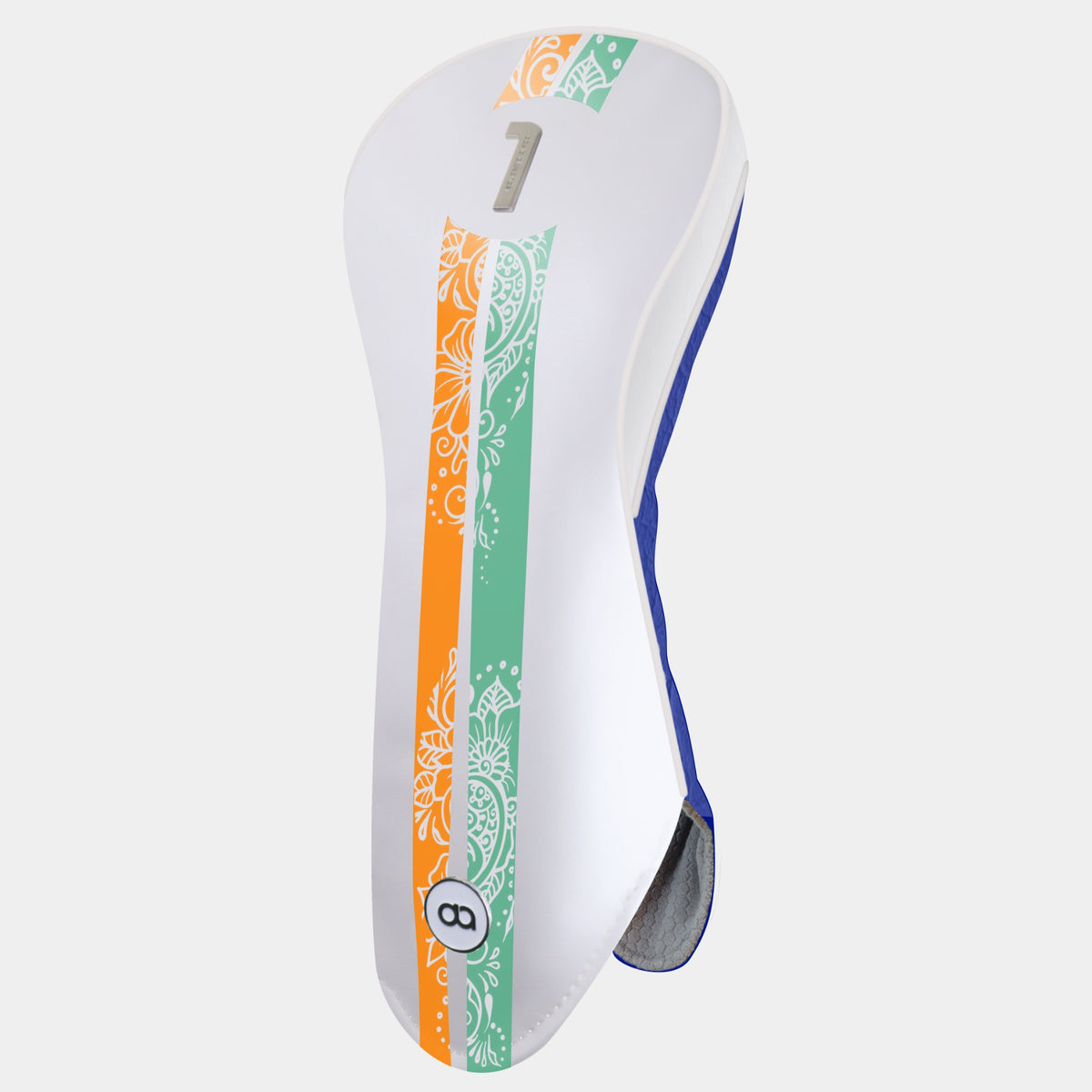 A white india leather golf club headcover with vertical orange and mint green ornamental stripes, a blue side trim, and metal number 1.