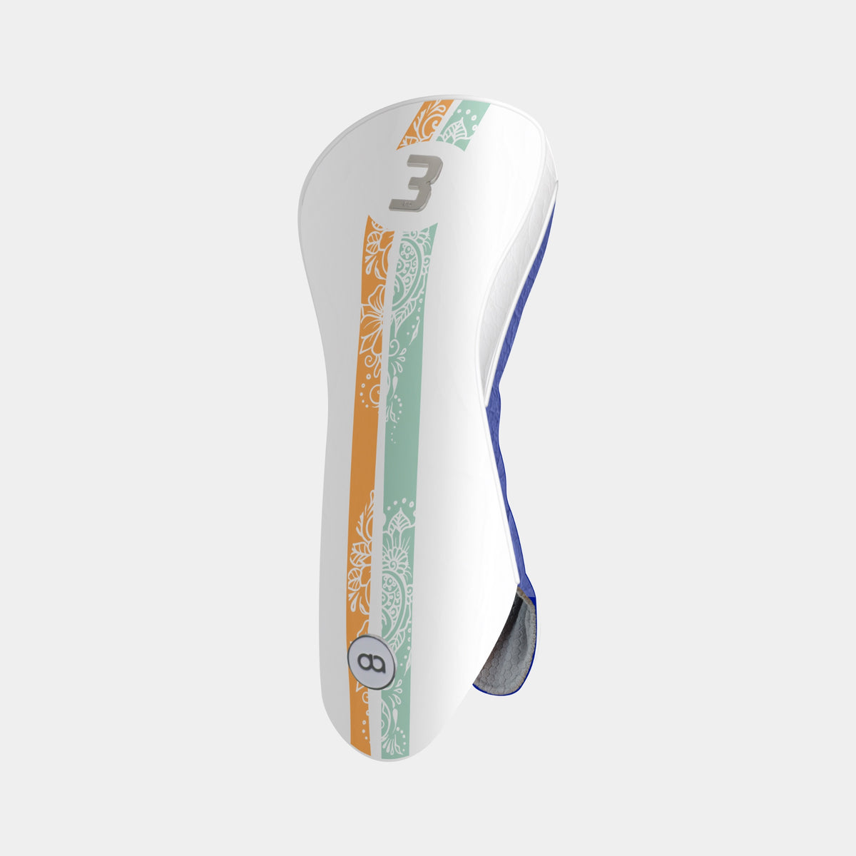 A white golf club headcover with decorative vertical stripes in orange, and green, and white, featuring a gray number 3 and a blue edge trim, shown on a light gray background.