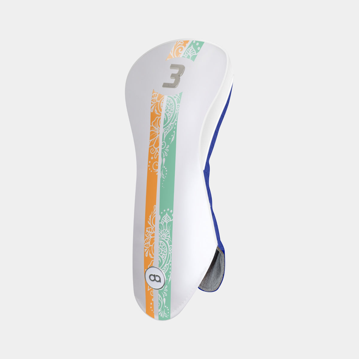 A white golf club headcover with decorative vertical stripes in orange, and green, and white, featuring a gray number 3 and a blue edge trim, shown on a light gray background.