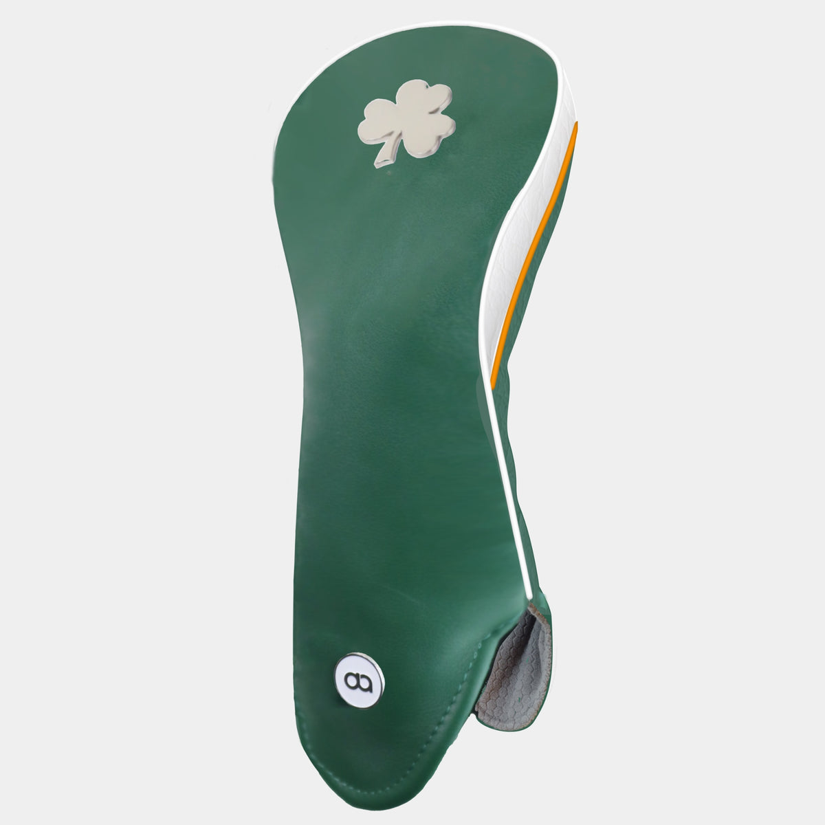 A green Ireland golf club headcover with a chrome shamrock logo near the top and a white circular logo near the bottom. Featuring a white side with orange and white pipping.