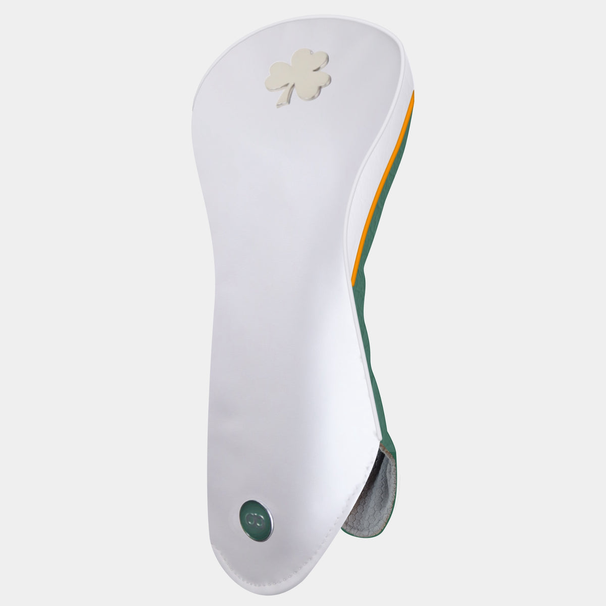 A white and green Ireland golf club headcover with a chrome shamrock logo near the top. Featuring a white side with orange and white pipping.