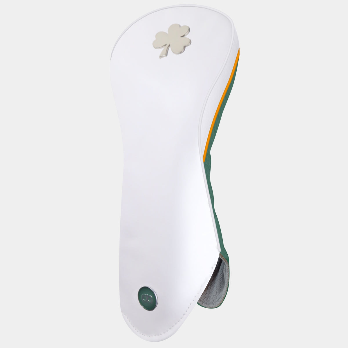 A white and green Ireland golf club headcover with a chrome shamrock logo near the top. Featuring a white side with orange and white pipping.