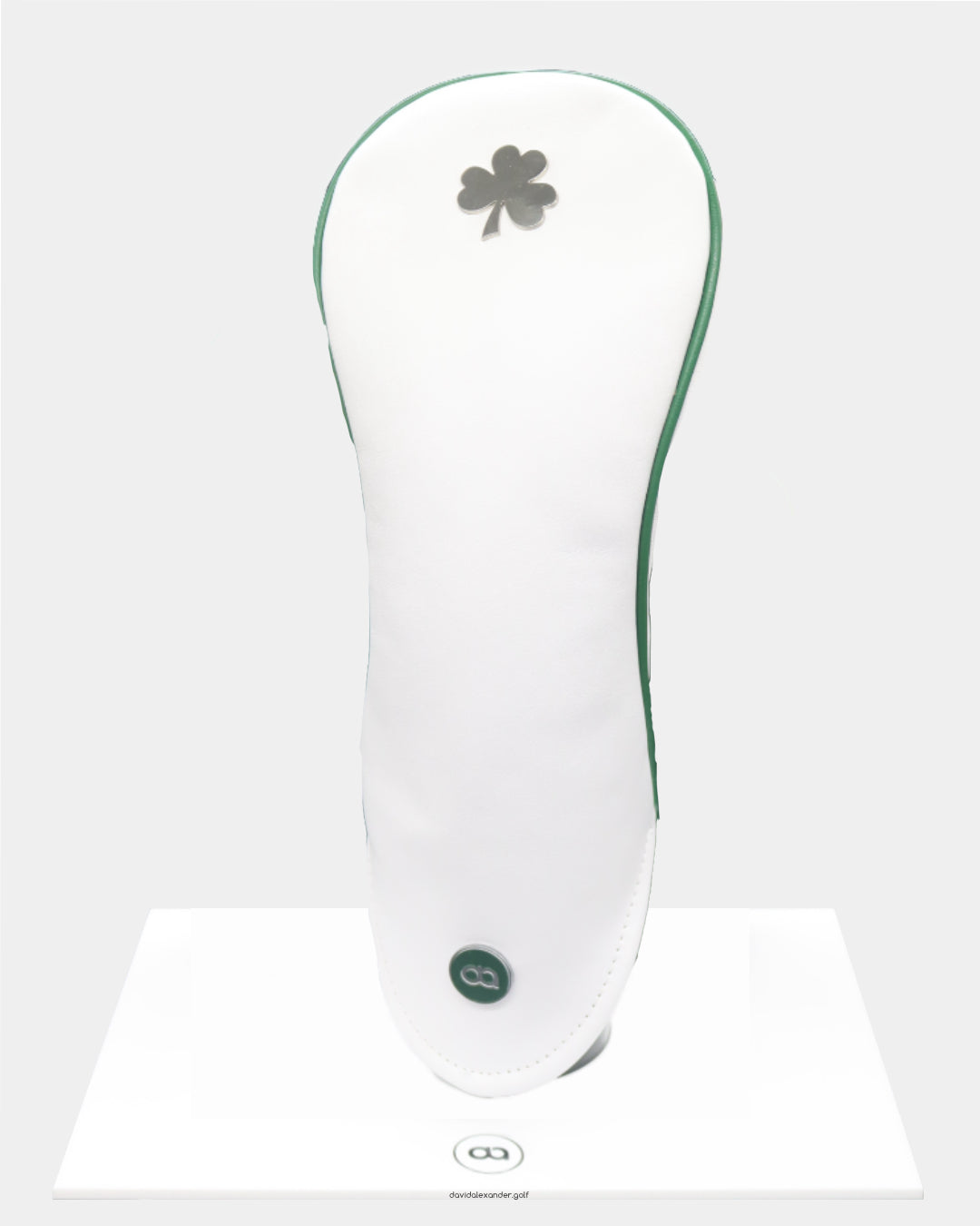 Ireland leather putter golf club replacement headcover. White and green. Golf gift for men /women. Designer golf accessory. Waterproof. Chrome Shamrock.