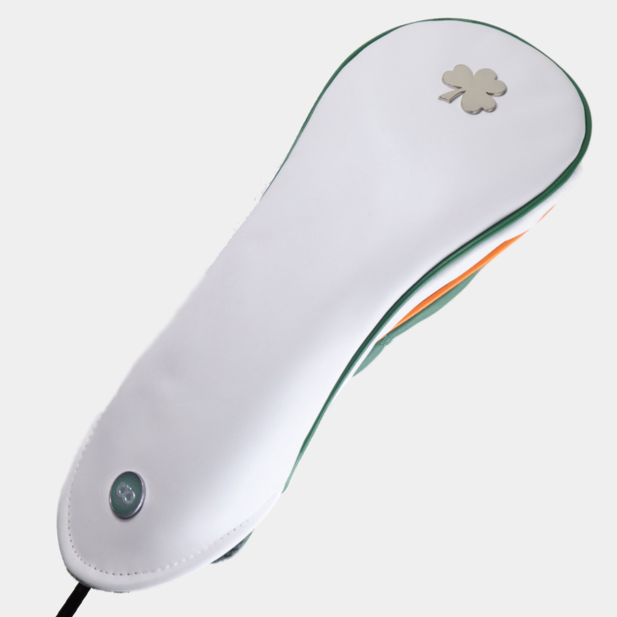 Ireland leather driver golf club replacement headcover. White and green. Golf gift for men /women. Designer golf accessory. Waterproof. Chrome Shamrock.