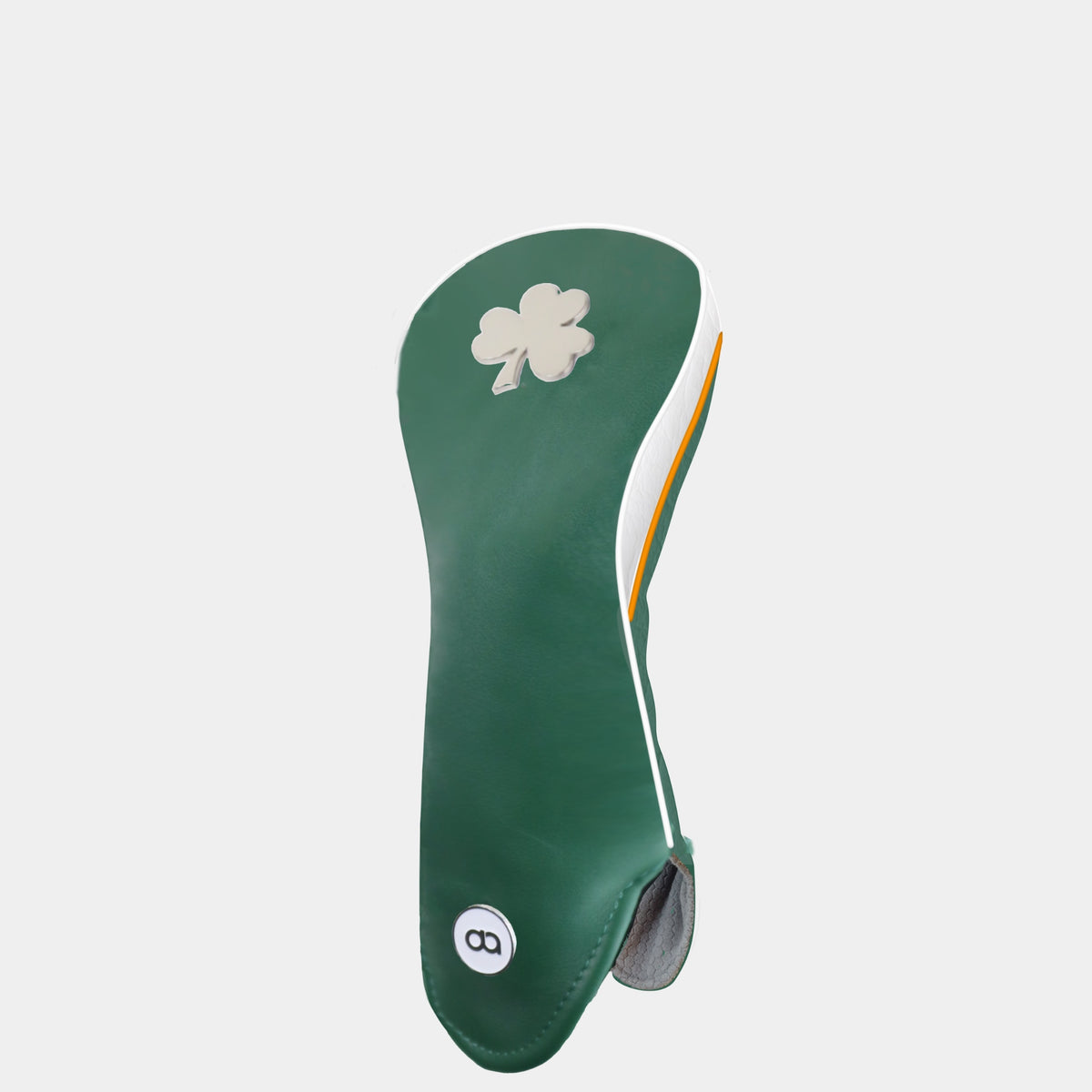 A green Ireland golf club headcover with a chrome shamrock logo near the top and a white circular logo near the bottom. Featuring a white side with orange and white pipping.