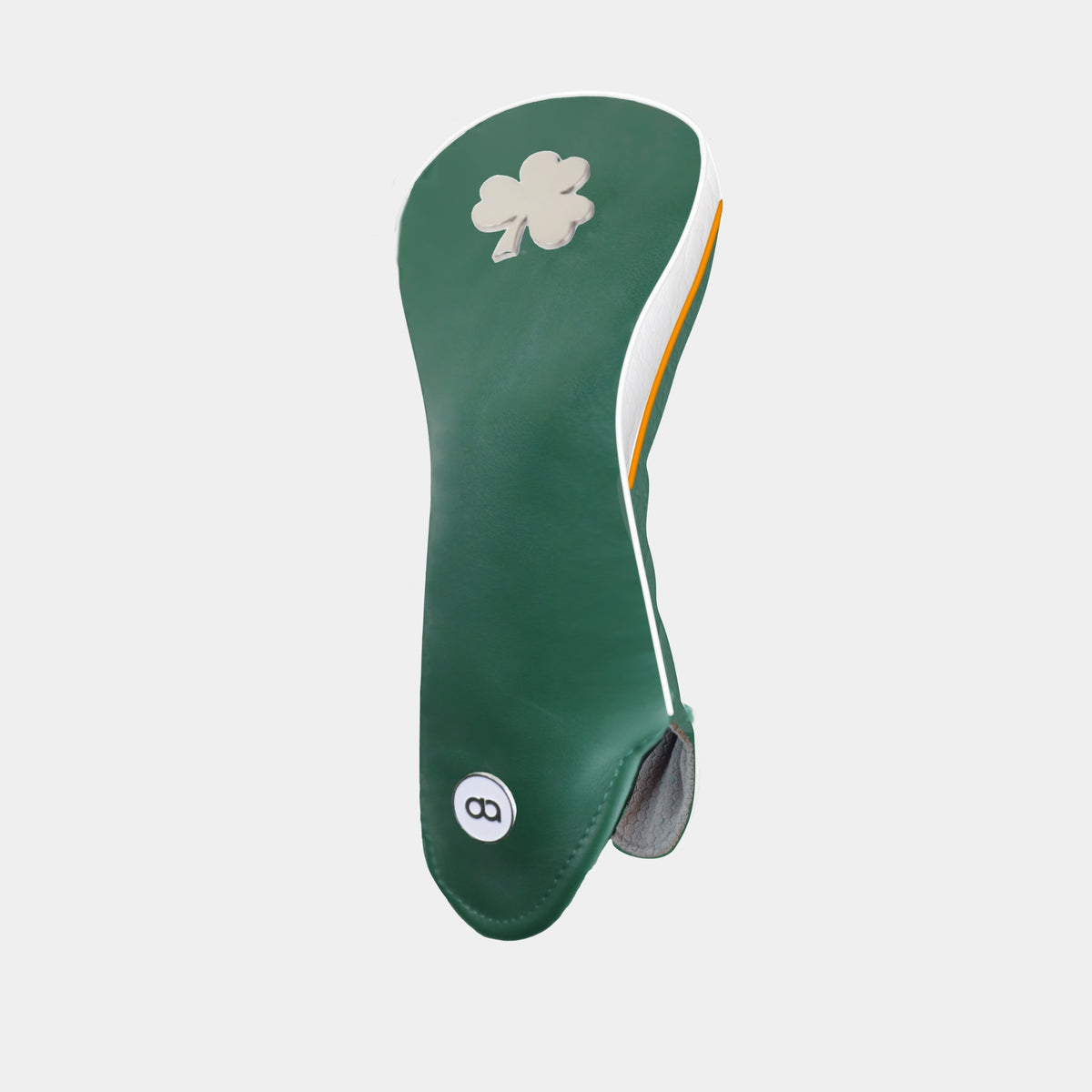 A green Ireland golf club headcover with a chrome shamrock logo near the top and a white circular logo near the bottom. Featuring a white side with orange and white pipping.