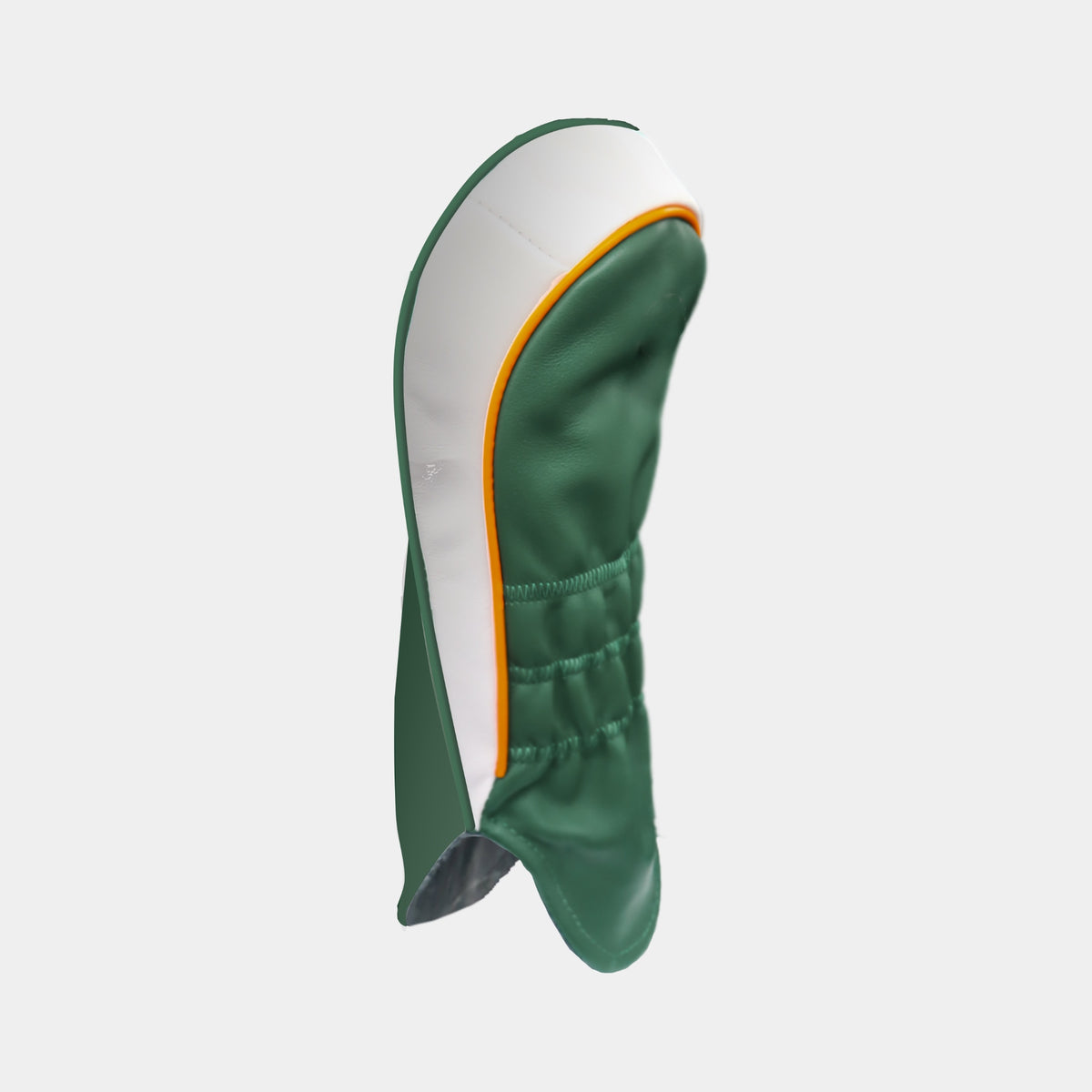 A golf club headcover in green, white, and orange, shown from a side profile view against a light gray background.