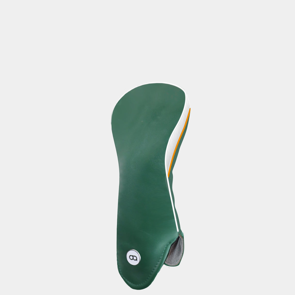 A green Ireland golf club headcover with a chrome shamrock logo near the top and a white circular logo near the bottom. Featuring a white side with orange and white pipping.