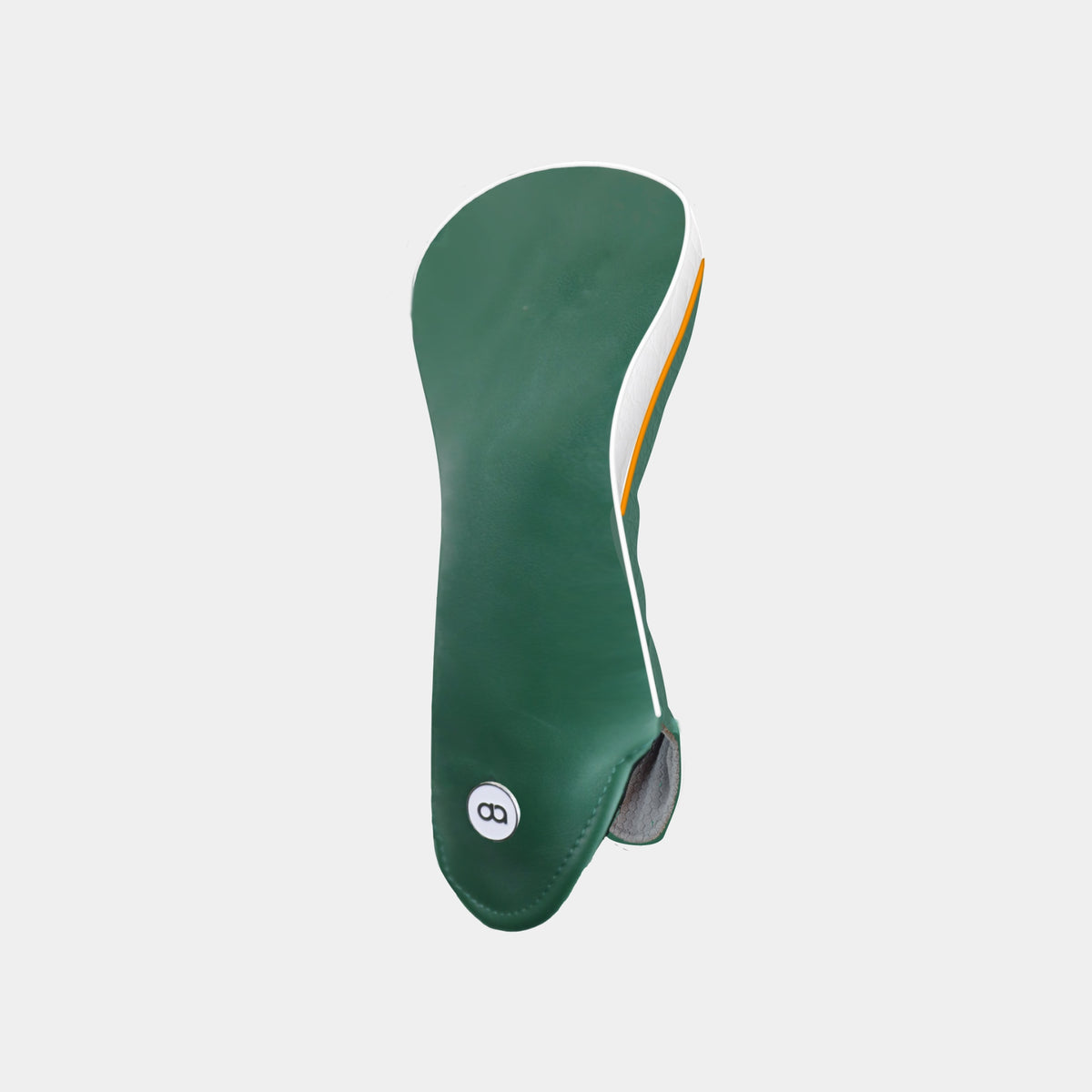 A green Ireland golf club headcover with a chrome shamrock logo near the top and a white circular logo near the bottom. Featuring a white side with orange and white pipping.