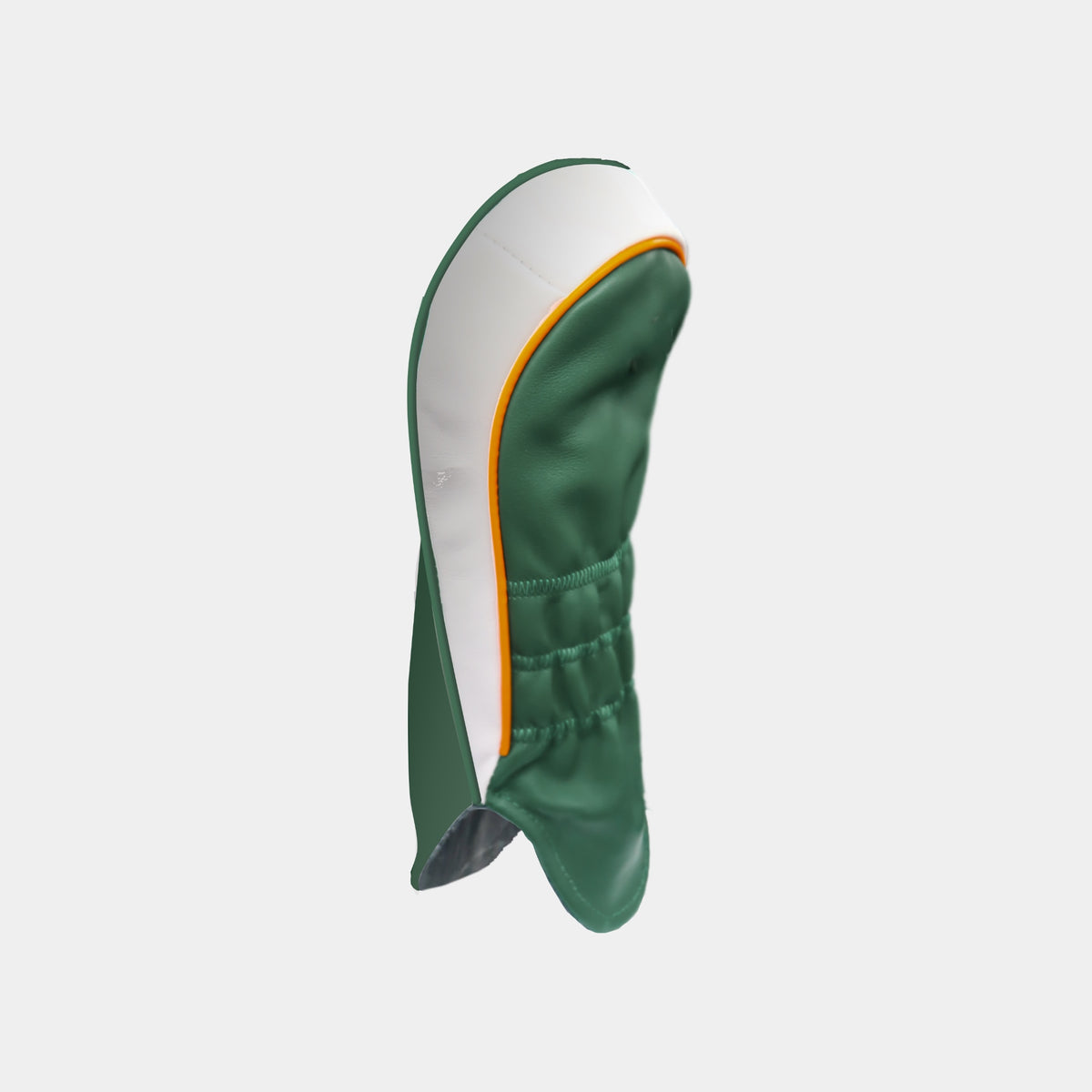 The back of a green and white Ireland leather golf club headcover with white and orange piping shown on a plain light gray background.