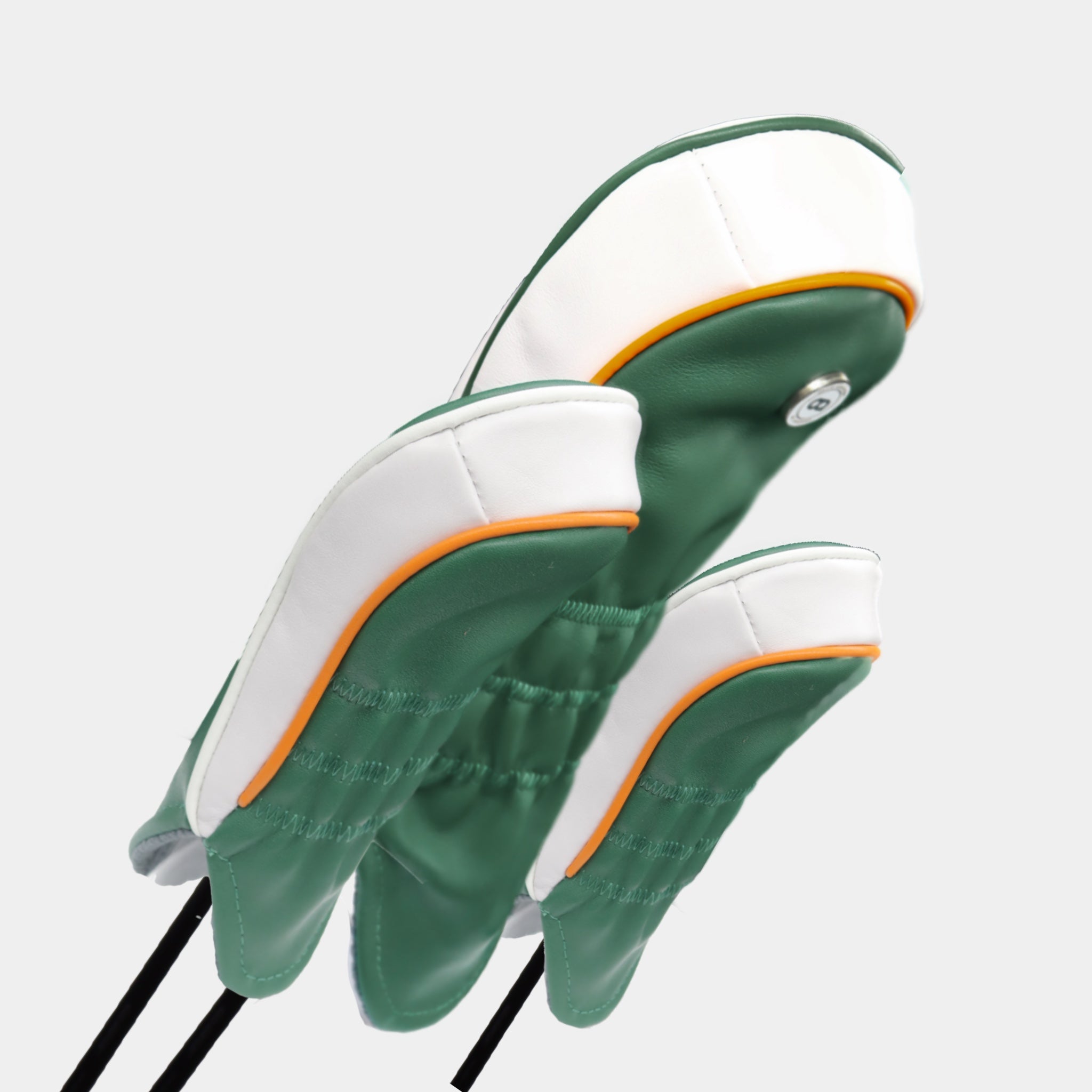 Ireland green and white leather golf club headcovers wit chrome shamrock by Dave Alexander