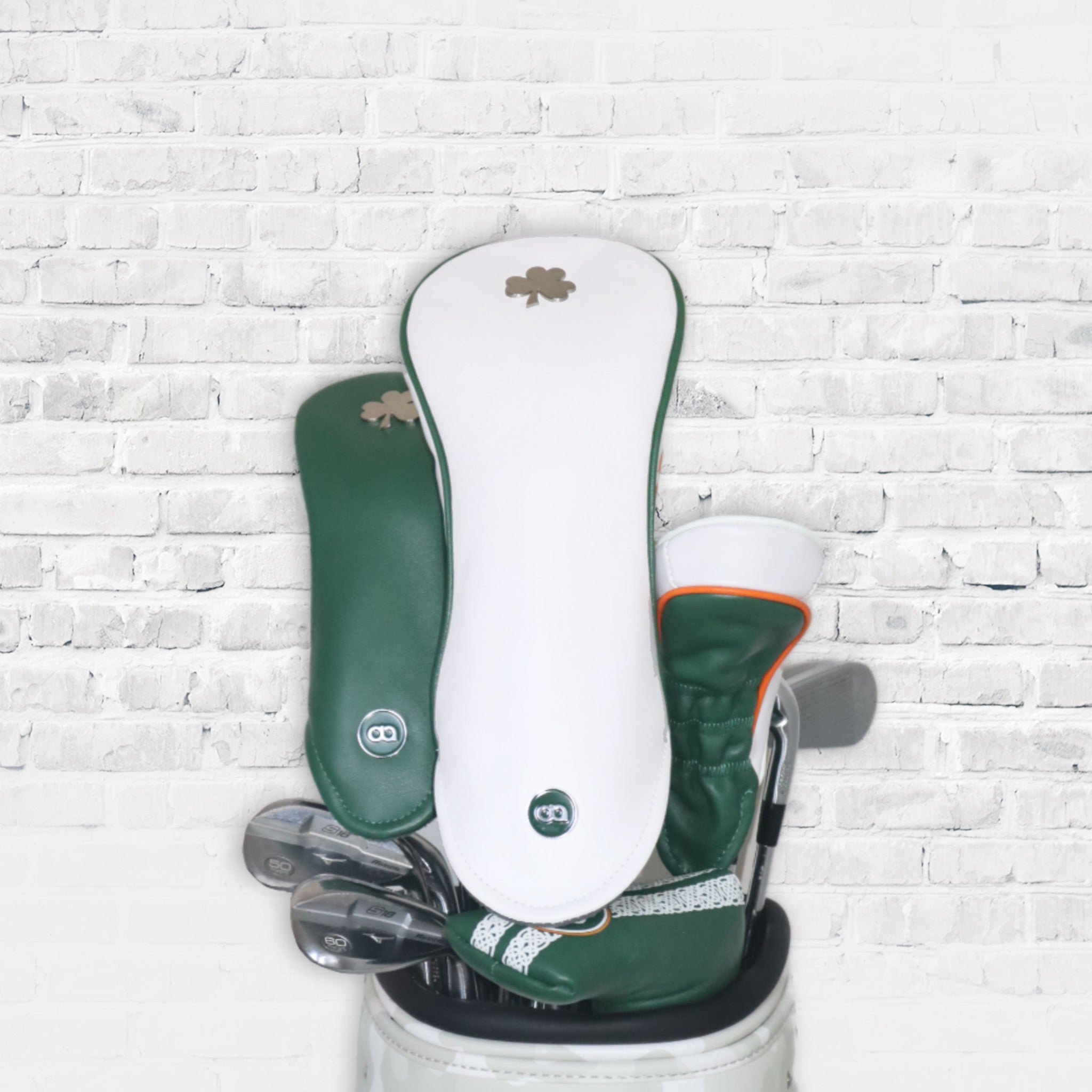 Ireland green and white leather golf club headcovers wit chrome shamrock by Dave Alexander