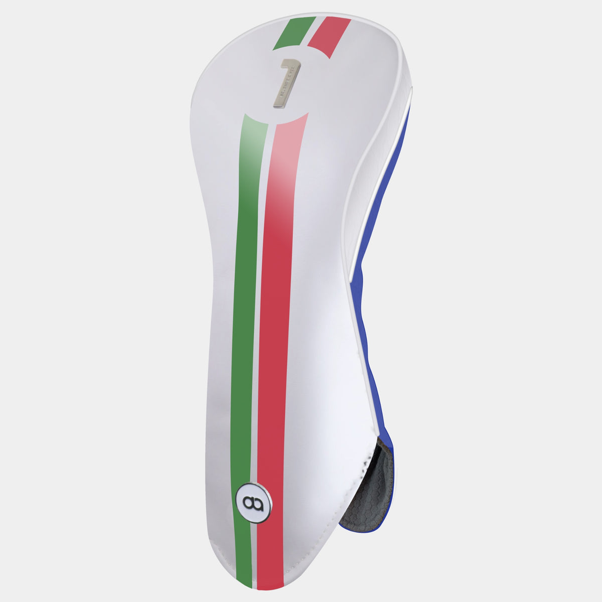 A white golf club headcover with vertical green, white, and red stripes resembling the Italian flag, featuring a silver number 1 on the front and a blue back.