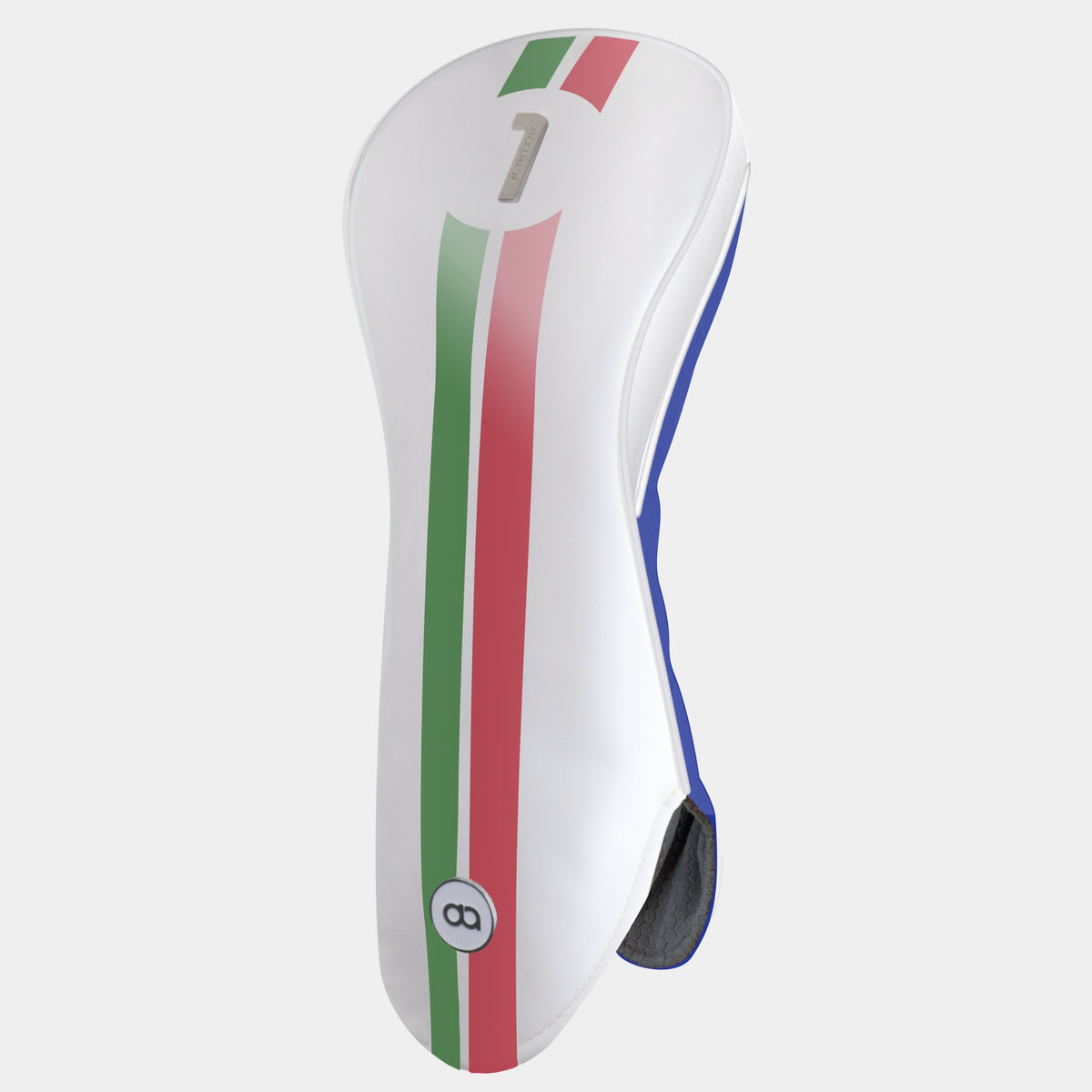 A white golf club headcover with vertical green, white, and red stripes resembling the Italian flag, featuring a silver number 1 on the front and a blue back.