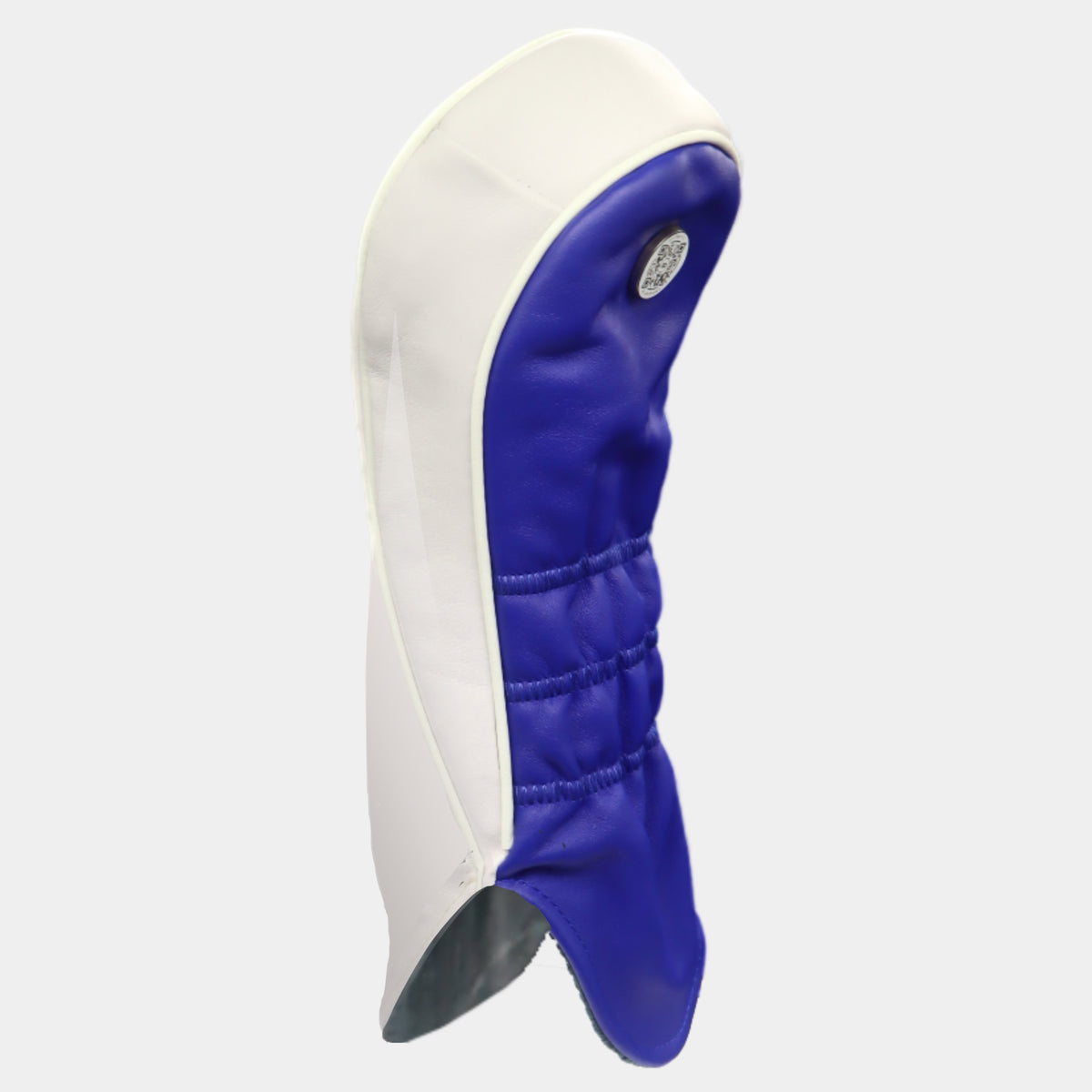 A golf club headcover with a white exterior and a royal blue padded interior, shown against a light gray background.