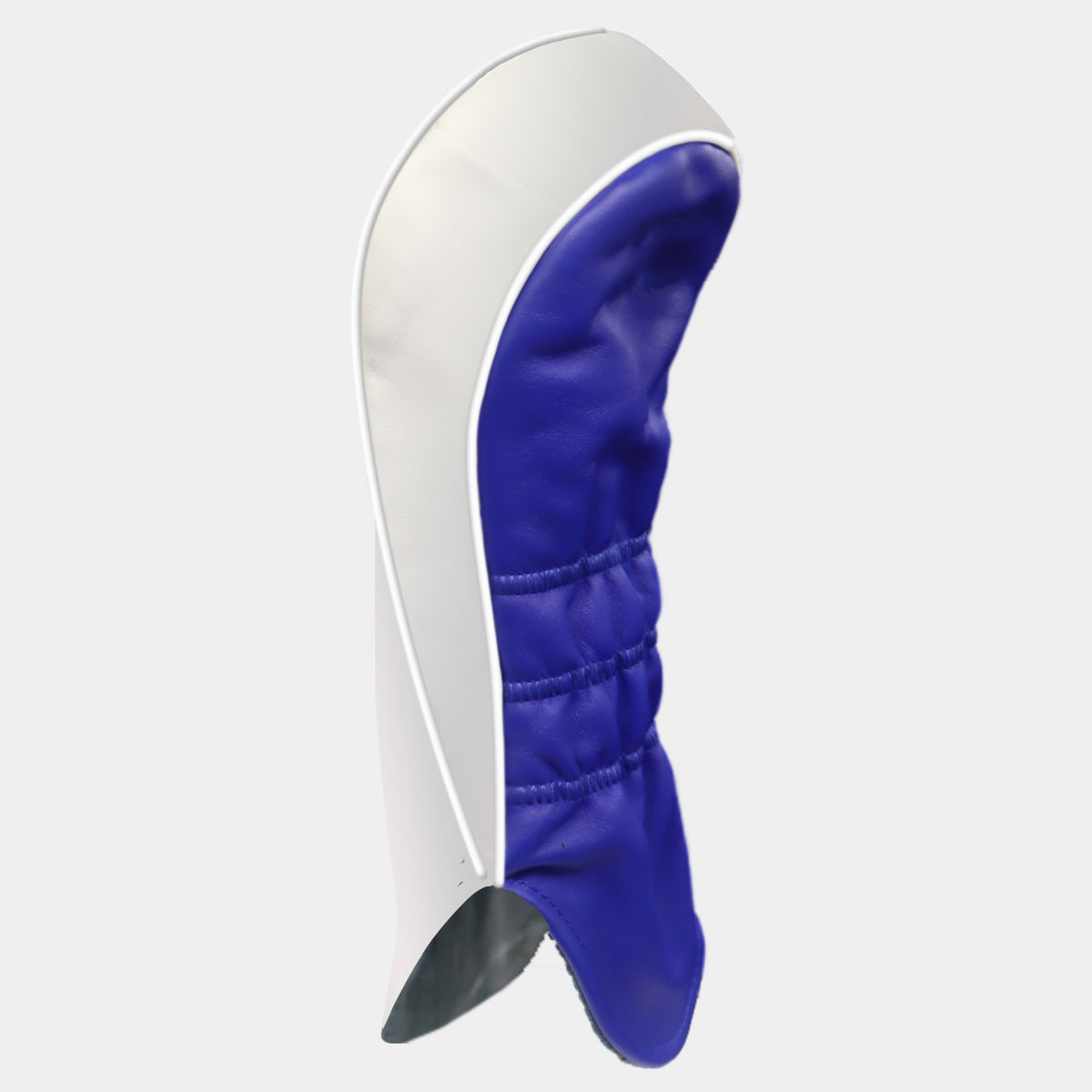 A golf club headcover with a white exterior and a royal blue padded interior, shown against a light gray background.