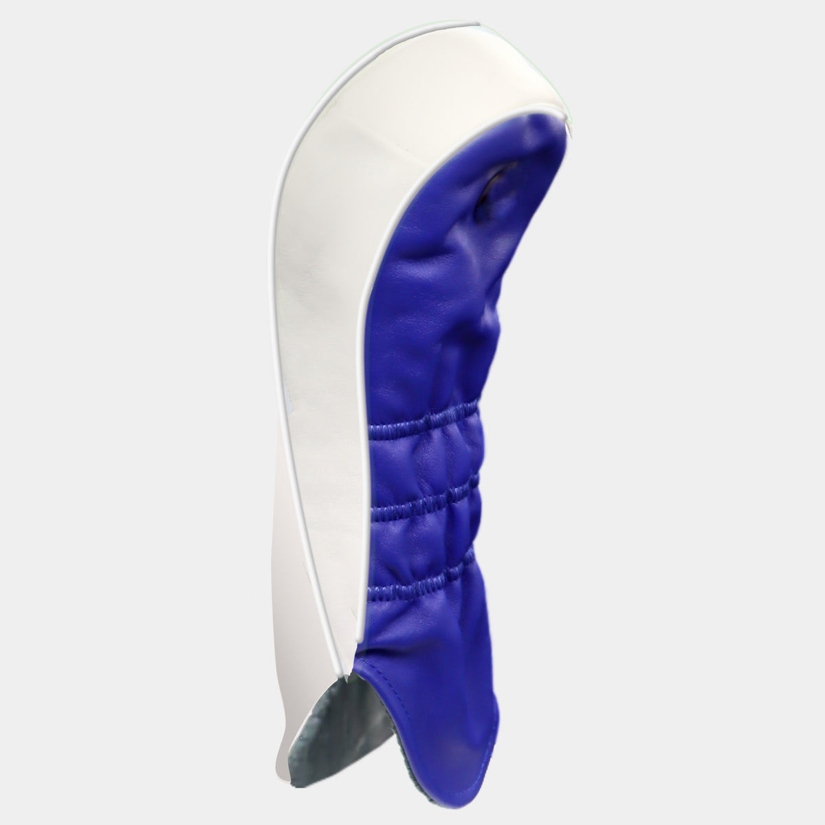 A golf club headcover with a white exterior and a royal blue padded interior, shown against a light gray background.