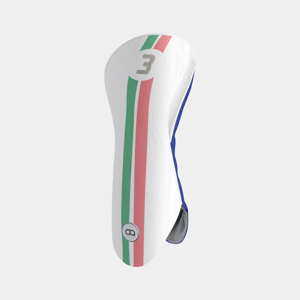 A white Italian golf club headcover with vertical green, white, and red stripes resembling the Italian flag, featuring a gray number 3 on the upper portion and a circular logo near the bottom. The headcover is shown from a side profile view against a light gray background.