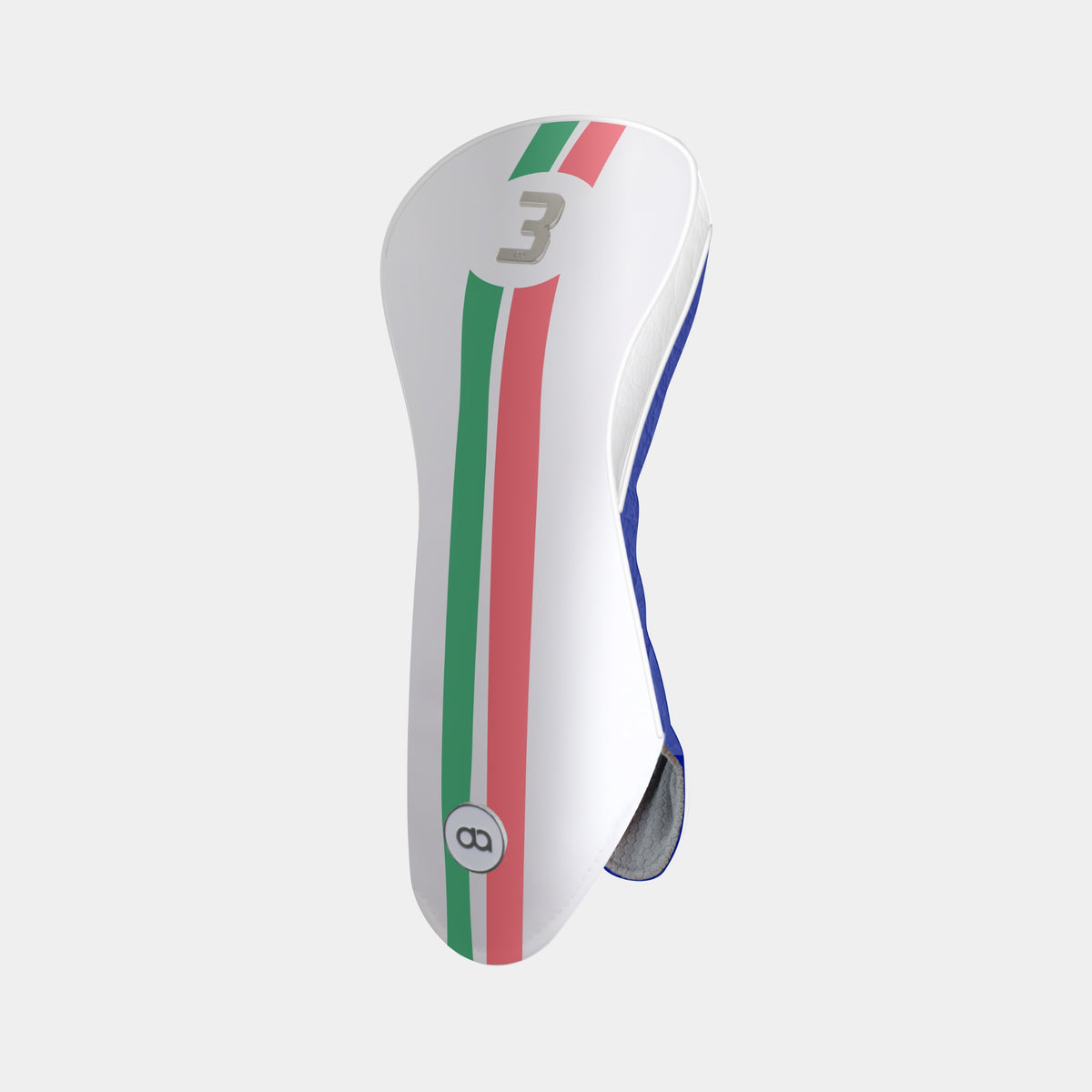 A white Italian golf club headcover with vertical green, white, and red stripes resembling the Italian flag, featuring a gray number 3 on the upper portion and a circular logo near the bottom. The headcover is shown from a side profile view against a light gray background.