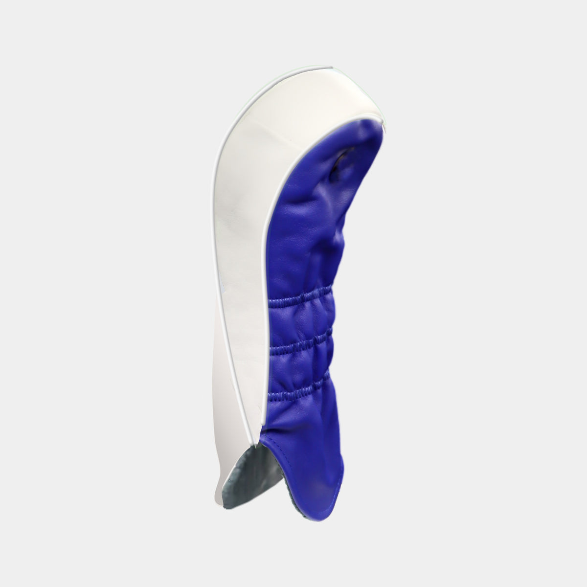 The reverse of a white leather golf club head cover with a blue leather back