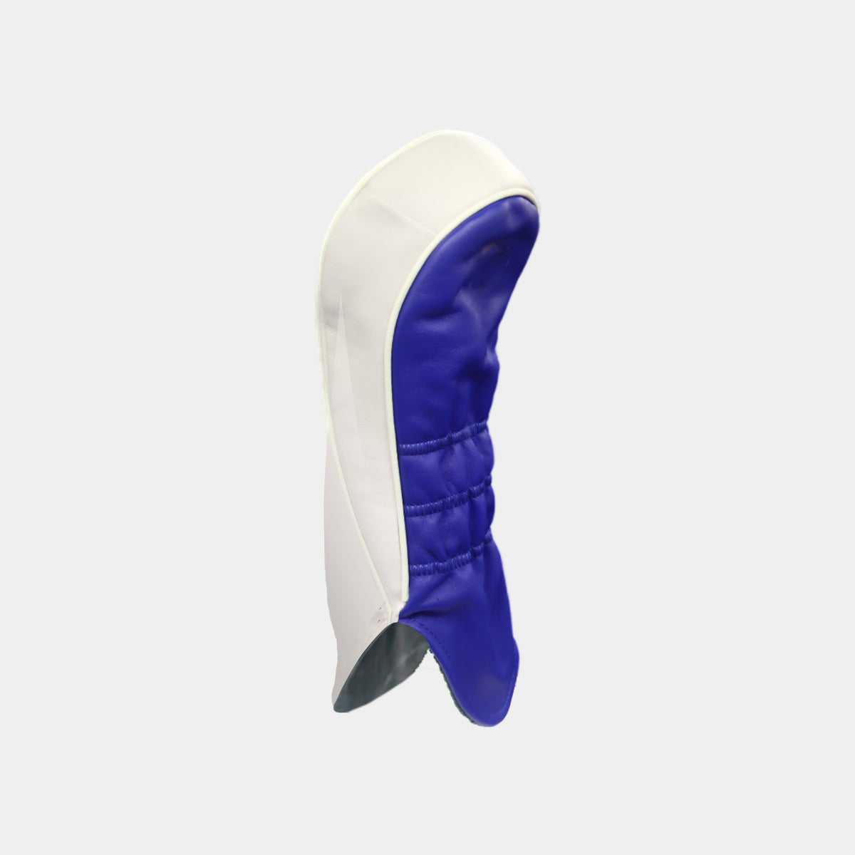 The reverse of a white leather golf club head cover with a blue leather back