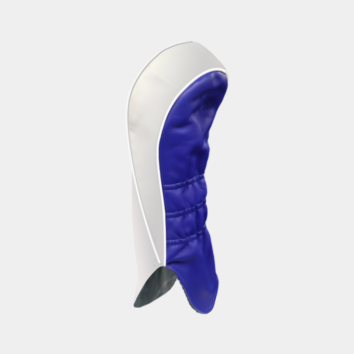 The reverse of a white leather golf club head cover with a blue leather back