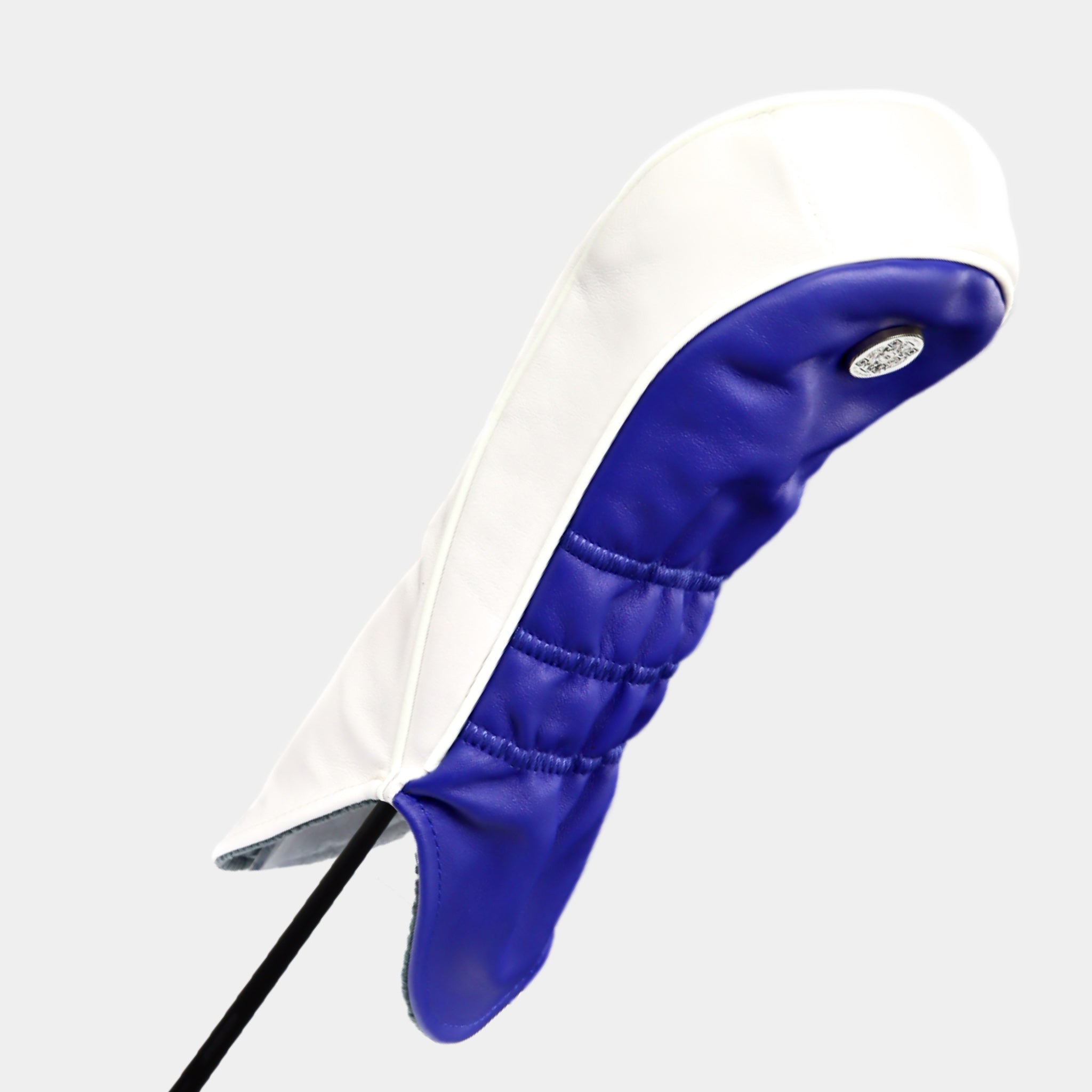 Italia white and blue leather golf club headcovers. Tri-colour design by Dave Alexander