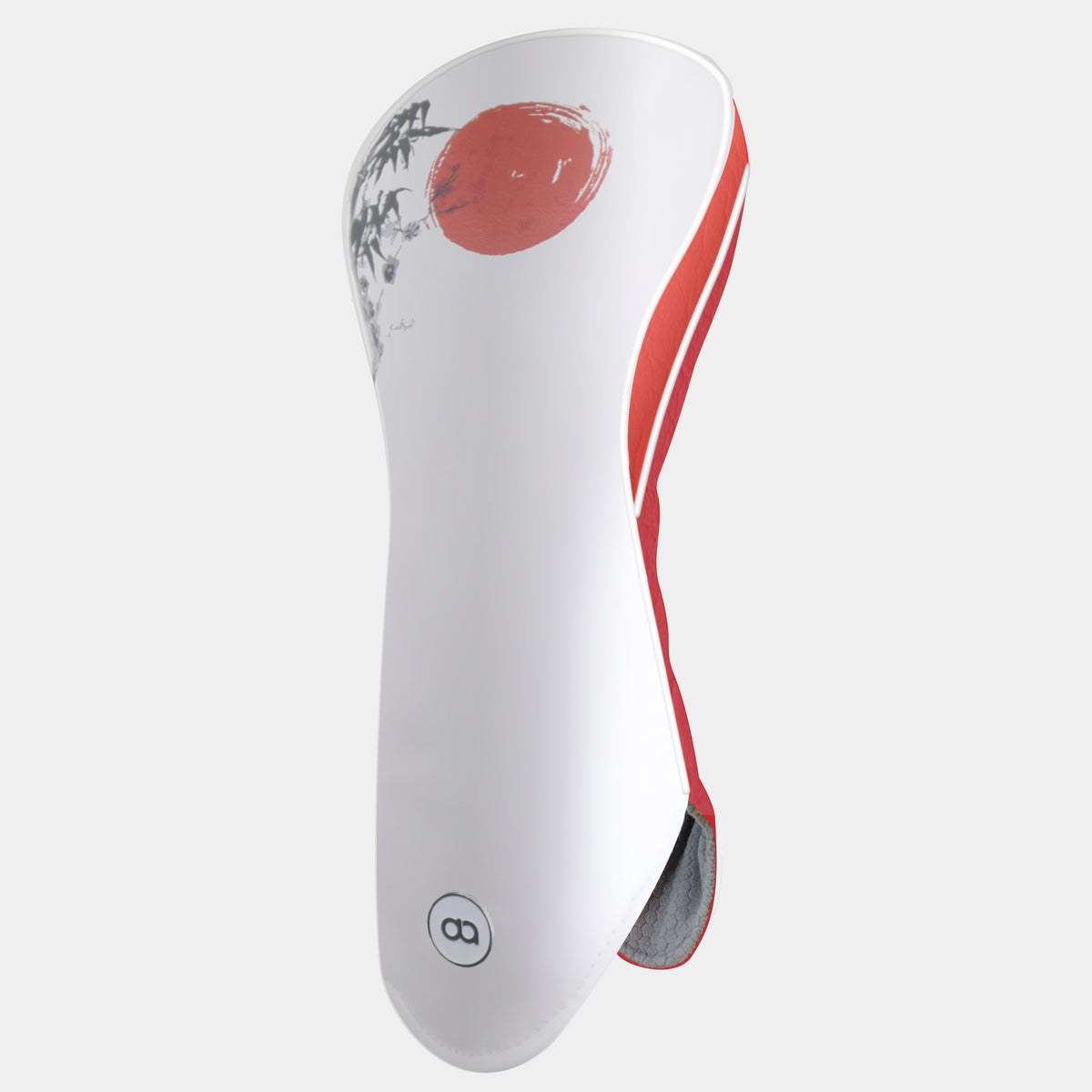 A white and red leather golf club headcover with a red circular sun graphic and tree branch illustration shown on a light gray background.