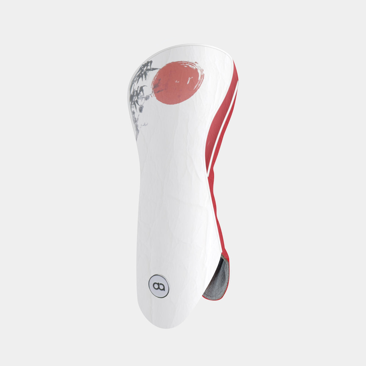 A white leather Japan golf club headcover with a red circular sun motif, a red and white side stripe, and a gray textured accent near the top, shown on a light gray background.