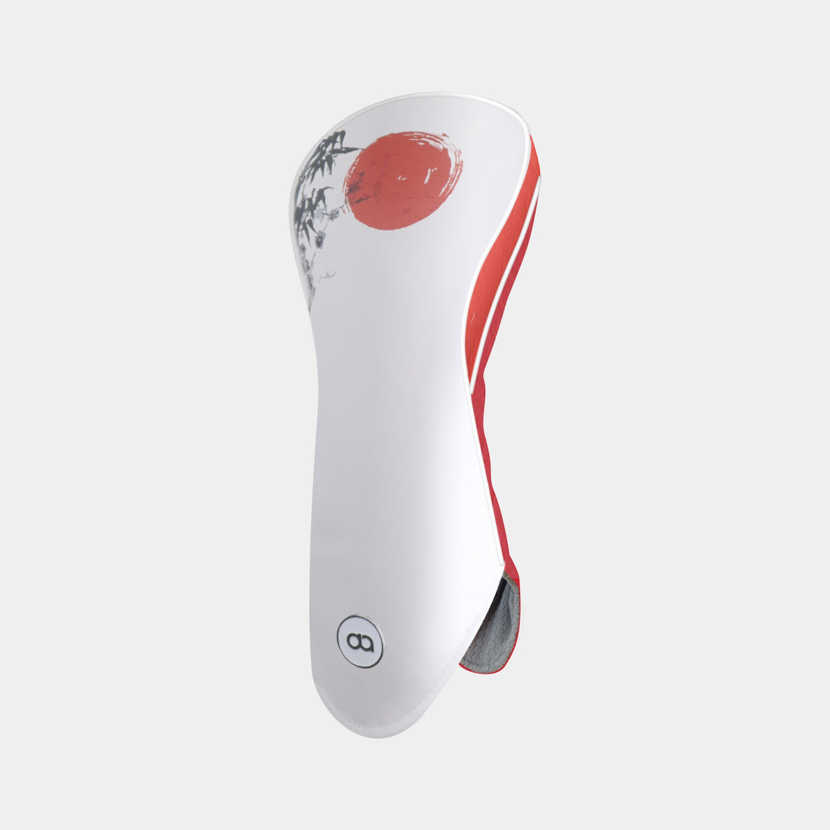 A white leather Japan golf club headcover with a red circular sun motif, a red and white side stripe, and a gray textured accent near the top, shown on a light gray background.