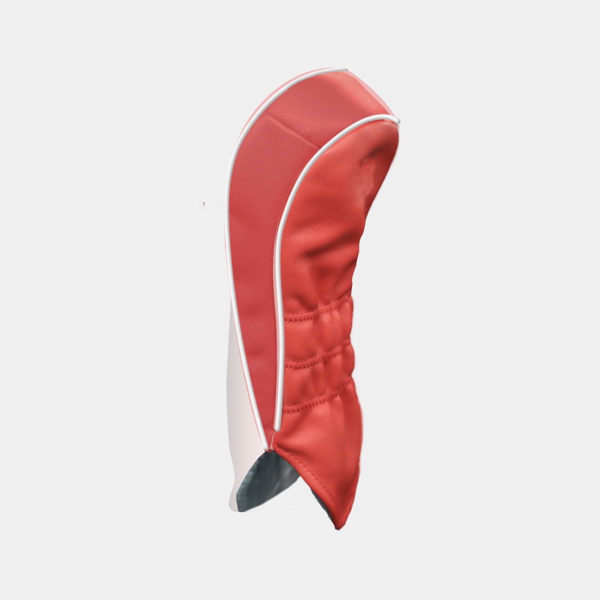 A red and white golf club headcover shown from a side profile view against a light gray background.